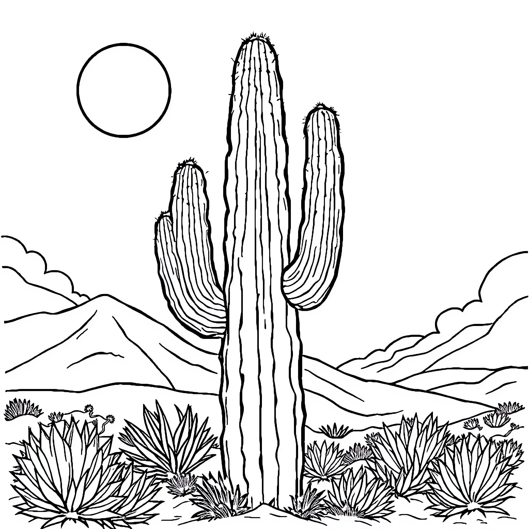 Saguaro cactus standing tall in the desert landscape Coloring Page (free black-and-white line drawing printable PDF for all, from beginners to advanced learners, including children, teens, adults, and seniors)