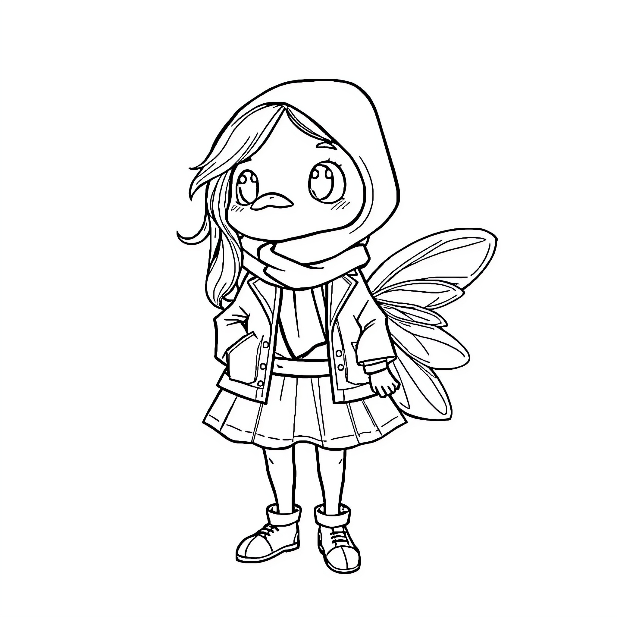 Paper Doll Fairy in Whimsical Outfit Coloring Page (free black-and-white line drawing printable PDF for all, from beginners to advanced learners, including children, teens, adults, and seniors)