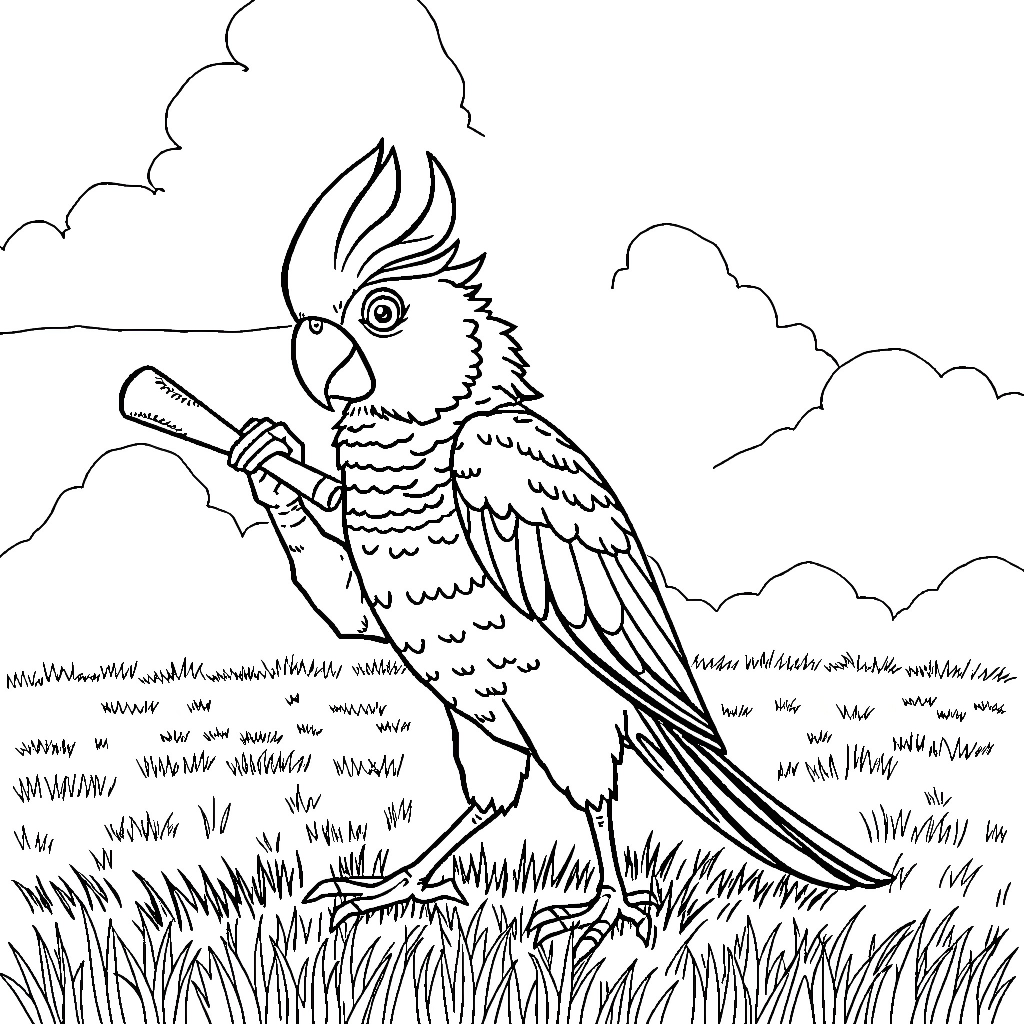Cockatoo with a stick in the grassy field Coloring Page (free black-and-white line drawing printable PDF for all, from beginners to advanced learners, including children, teens, adults, and seniors)