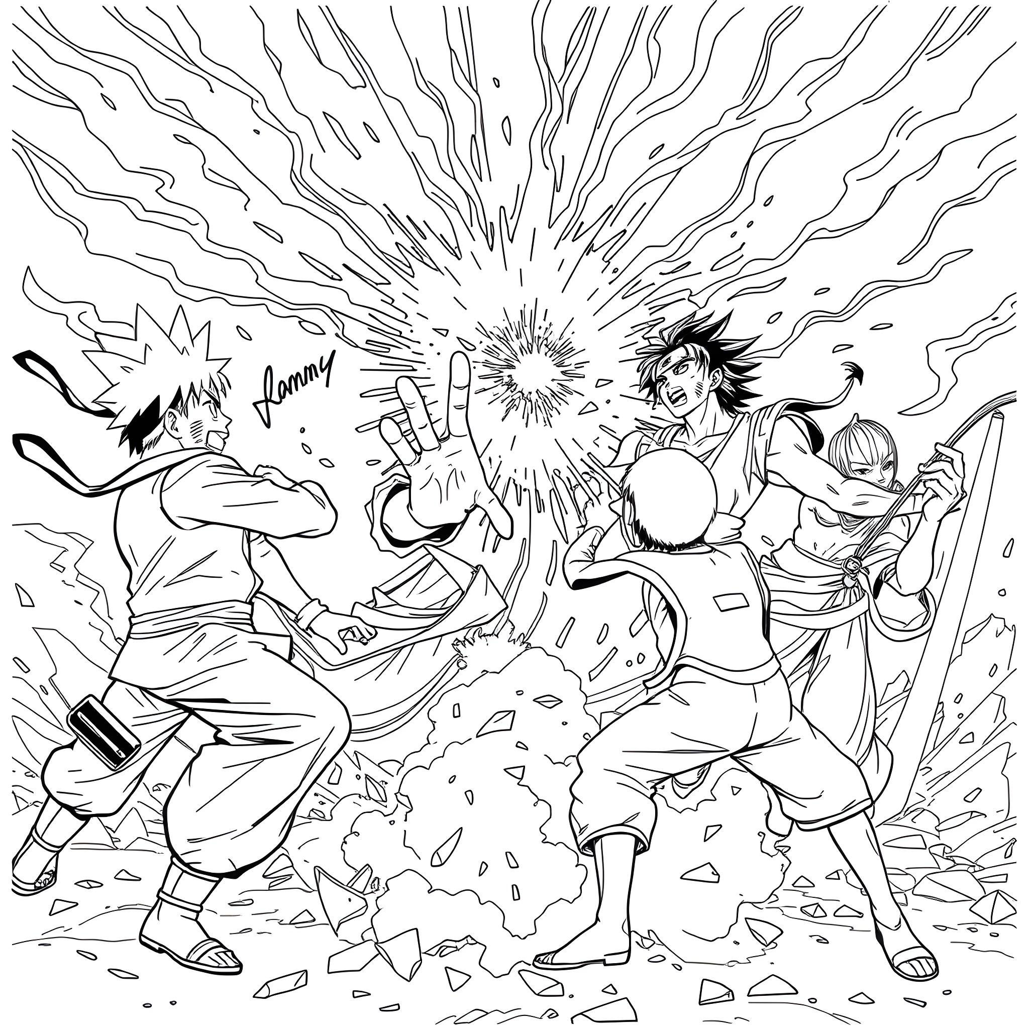 Naruto Characters in Explosive Battle Scene Coloring Page (free black-and-white line drawing printable PDF for all, from beginners to advanced learners, including children, teens, adults, and seniors)