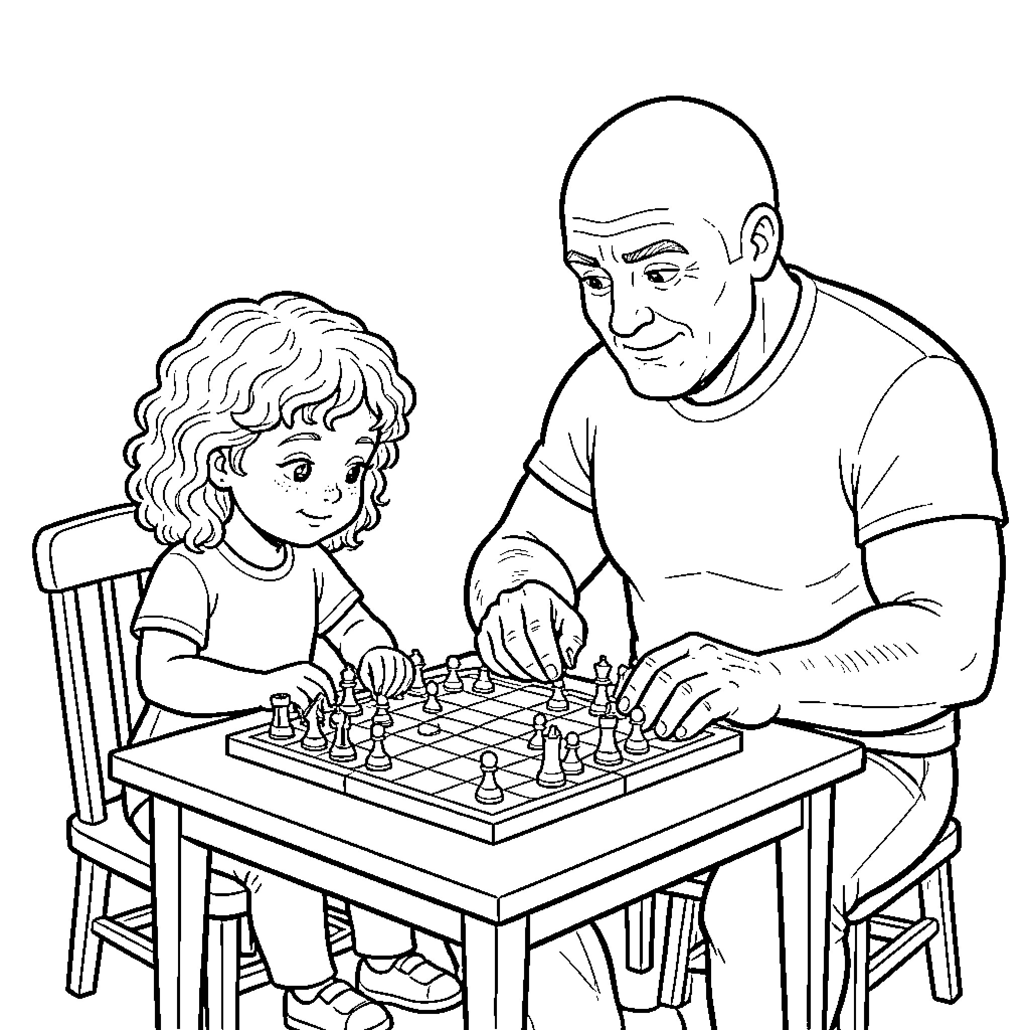Fille playing a chess game with her grandfather Coloring Page (free black-and-white line drawing printable PDF for all, from beginners to advanced learners, including children, teens, adults, and seniors)