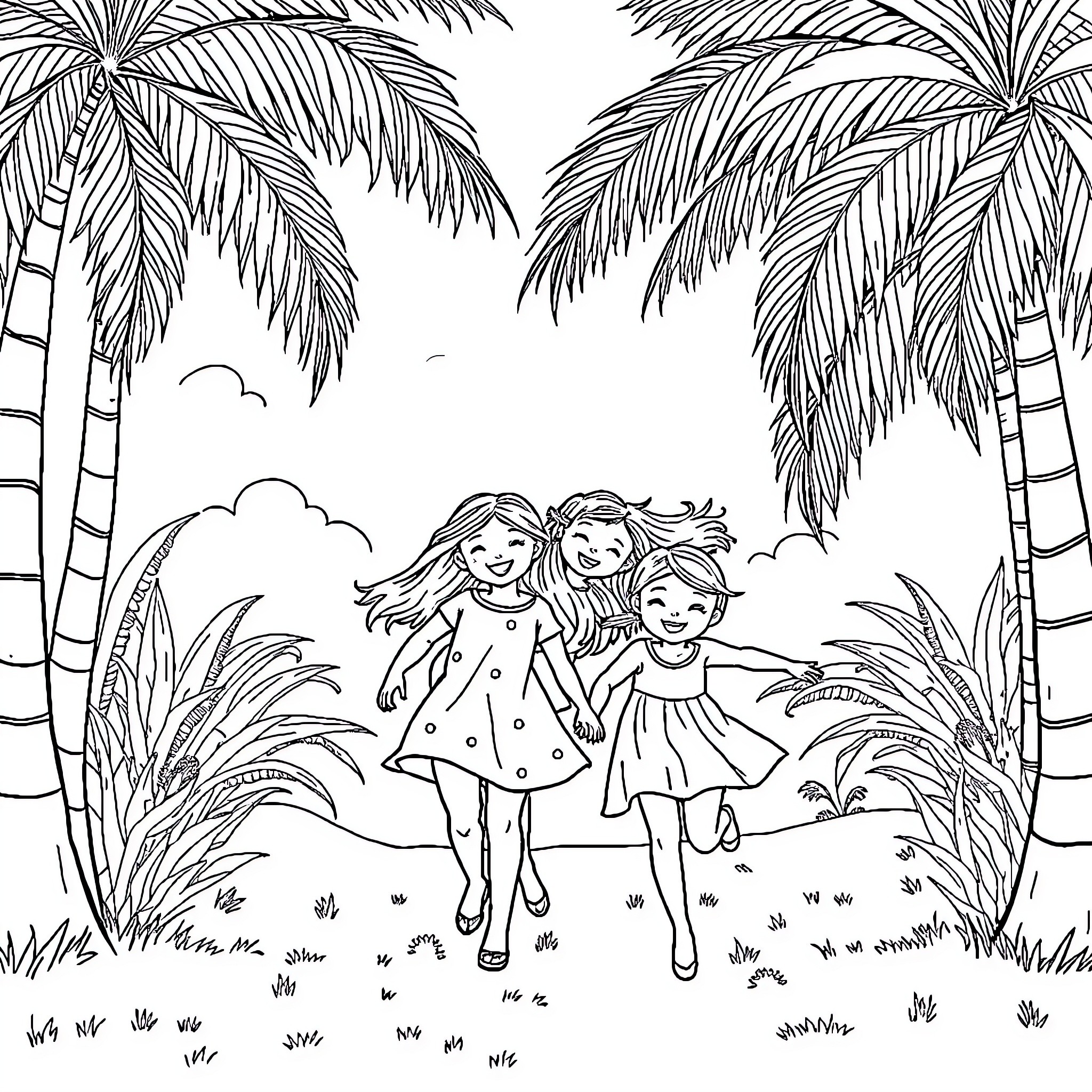 Family Enjoying a Tropical Vacation Coloring Page (free black-and-white line drawing printable PDF for all, from beginners to advanced learners, including children, teens, adults, and seniors)