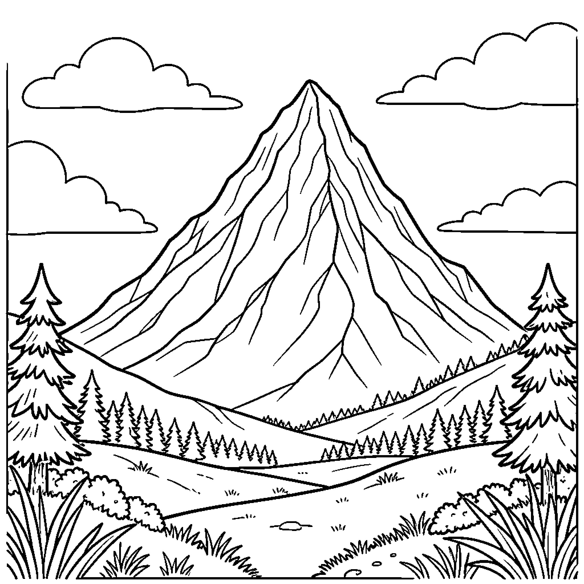 Mountain peak towering over a forest landscape Coloring Page (free black-and-white line drawing printable PDF for all, from beginners to advanced learners, including children, teens, adults, and seniors)