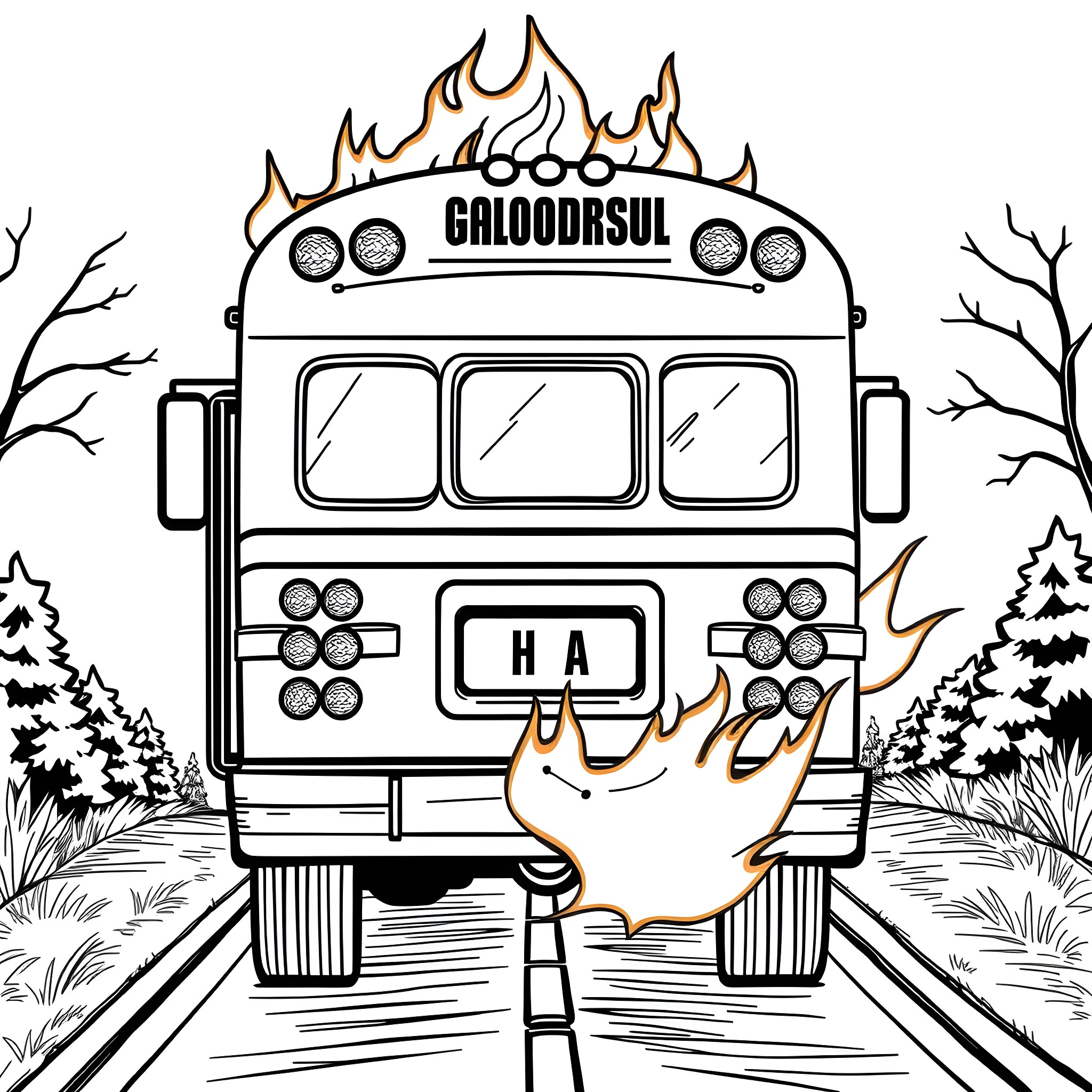 Bus on fire racing down the tracks Coloring Page (free black-and-white line drawing printable PDF for all, from beginners to advanced learners, including children, teens, adults, and seniors)