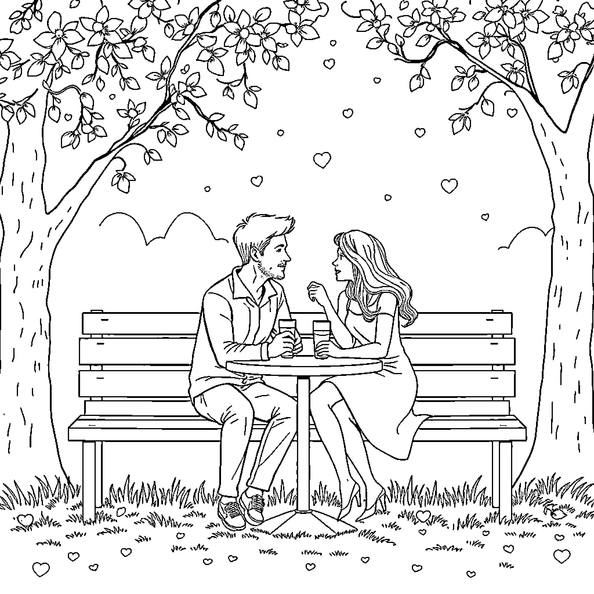 Couple relaxing on a park bench together Coloring Page (free black-and-white line drawing printable PDF for all, from beginners to advanced learners, including children, teens, adults, and seniors)