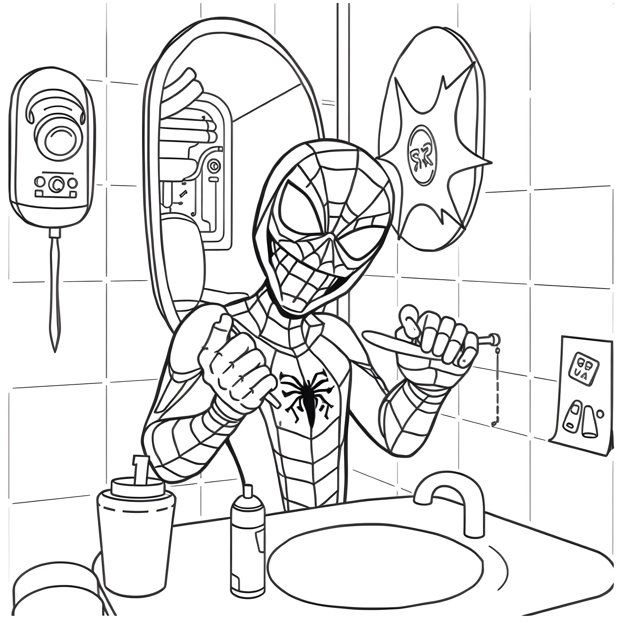Spiderman in Heroic Pose with Gadgets Coloring Page (free black-and-white line drawing printable PDF for all, from beginners to advanced learners, including children, teens, adults, and seniors)