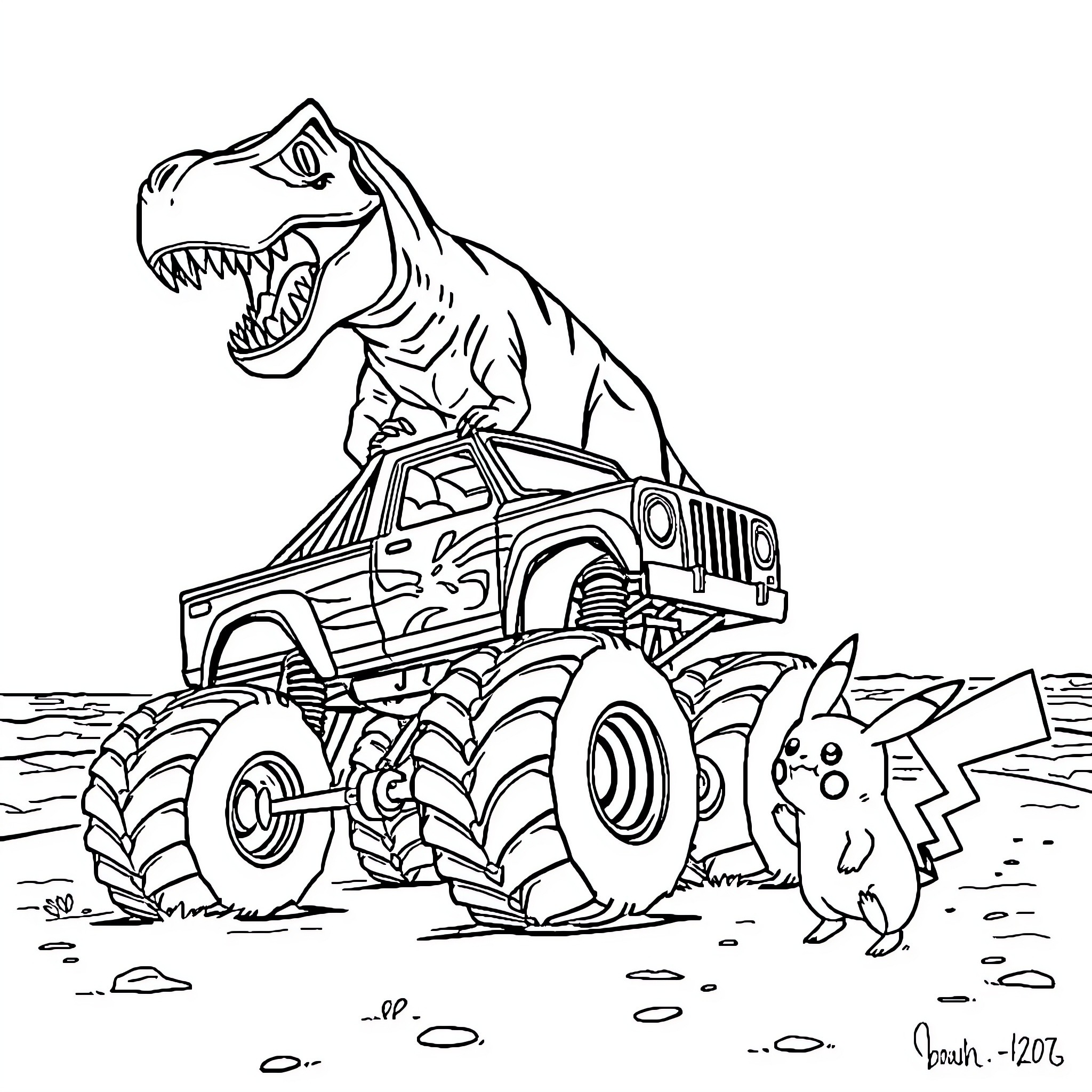 T-Rex driving Monster Truck with Pikachu companion Coloring Page (free black-and-white line drawing printable PDF for all, from beginners to advanced learners, including children, teens, adults, and seniors)