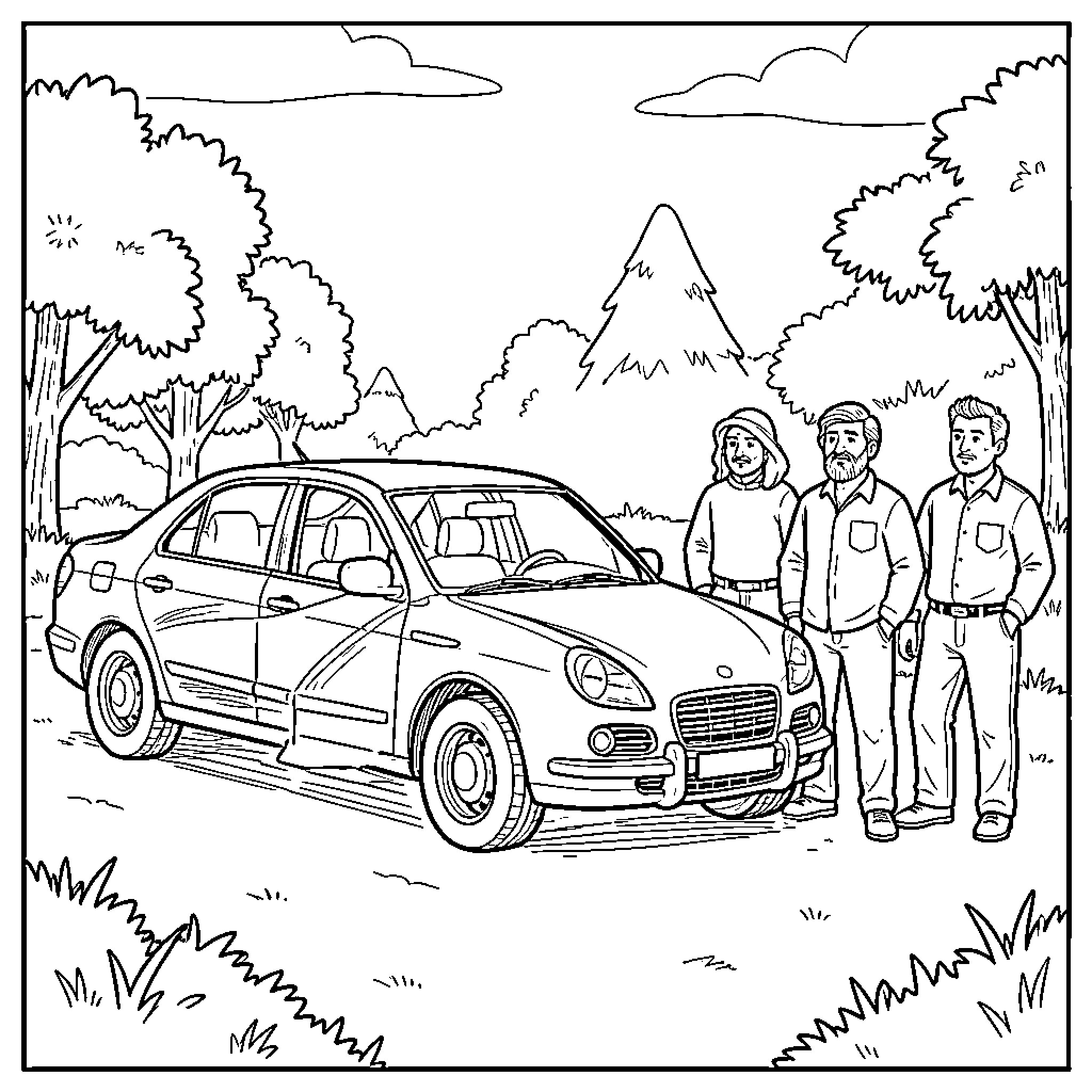 Car parked near people standing in nature Coloring Page (free black-and-white line drawing printable PDF for all, from beginners to advanced learners, including children, teens, adults, and seniors)