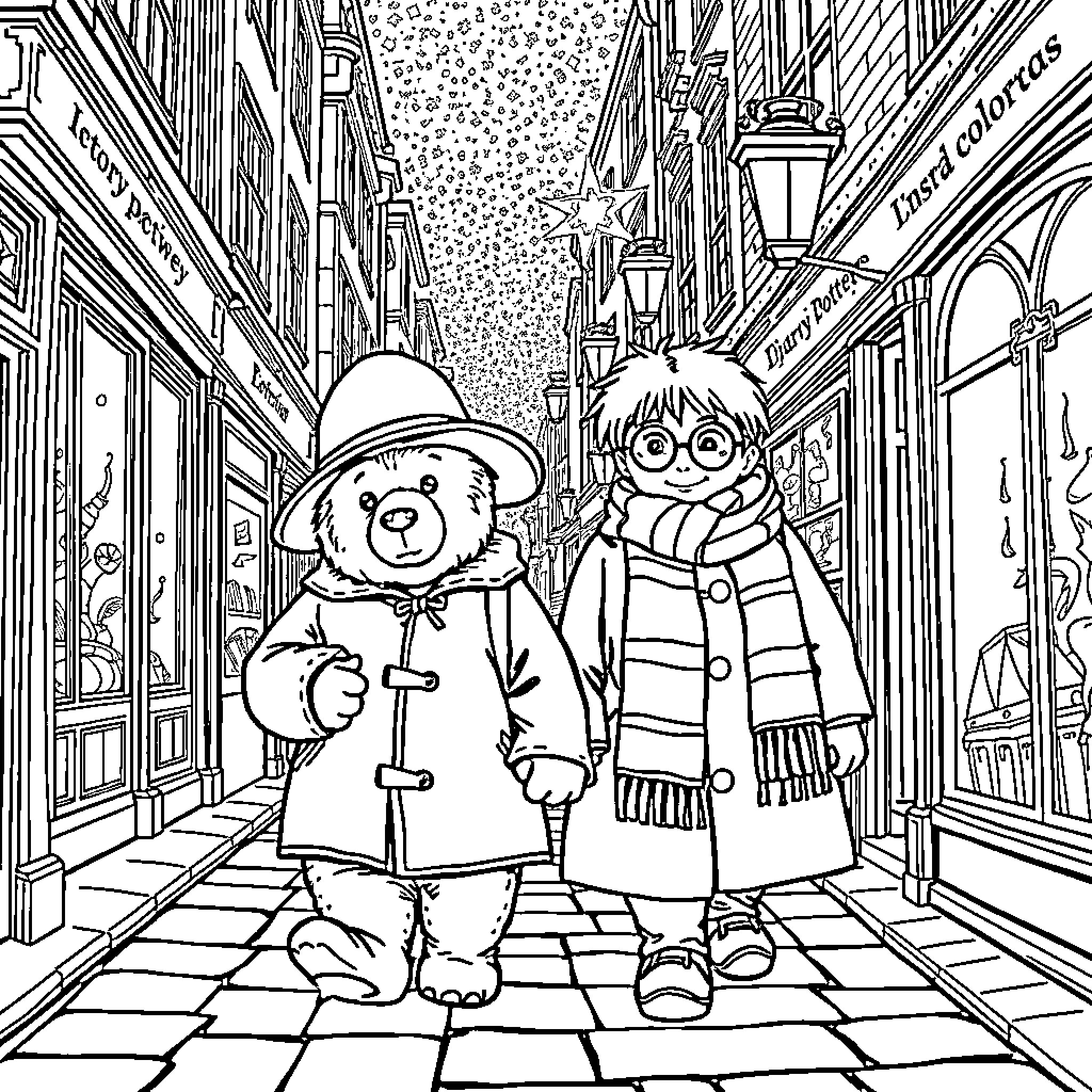 Paddington and Friend Explore a Charming City Street Coloring Page (free black-and-white line drawing printable PDF for all, from beginners to advanced learners, including children, teens, adults, and seniors)