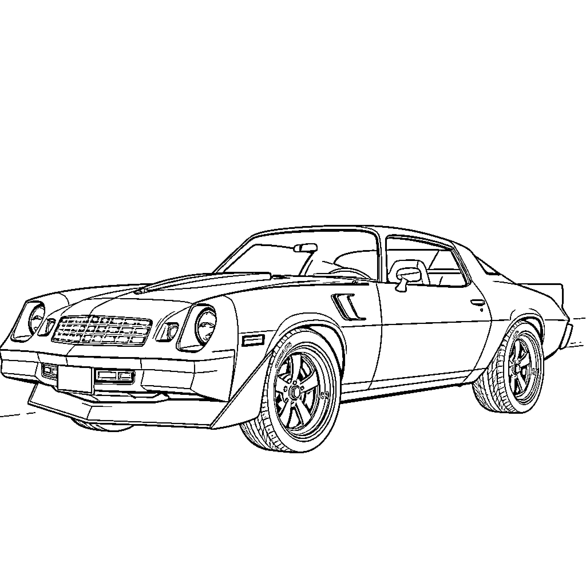 Camaro sports car on the open road Coloring Page (free black-and-white line drawing printable PDF for all, from beginners to advanced learners, including children, teens, adults, and seniors)