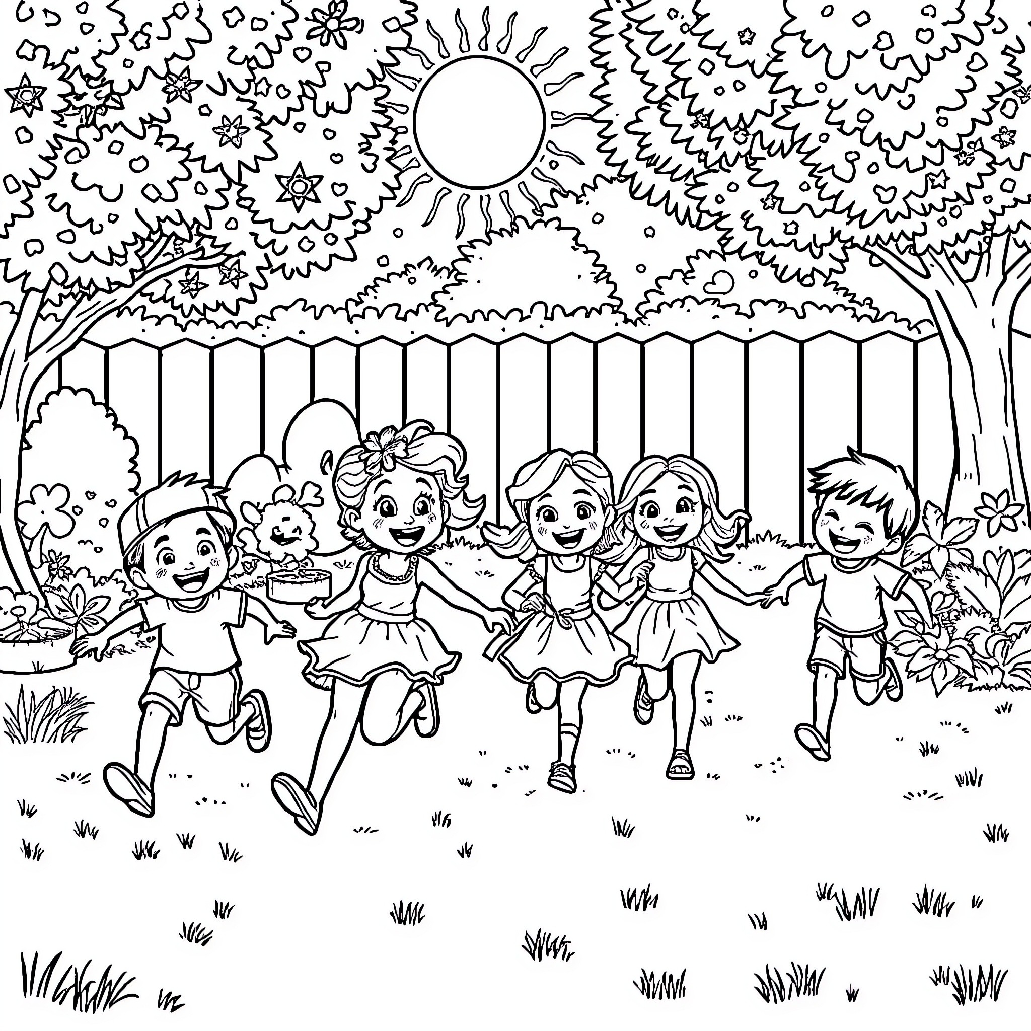 Bluey and friends playing outdoors on a sunny day Coloring Page (free black-and-white line drawing printable PDF for all, from beginners to advanced learners, including children, teens, adults, and seniors)