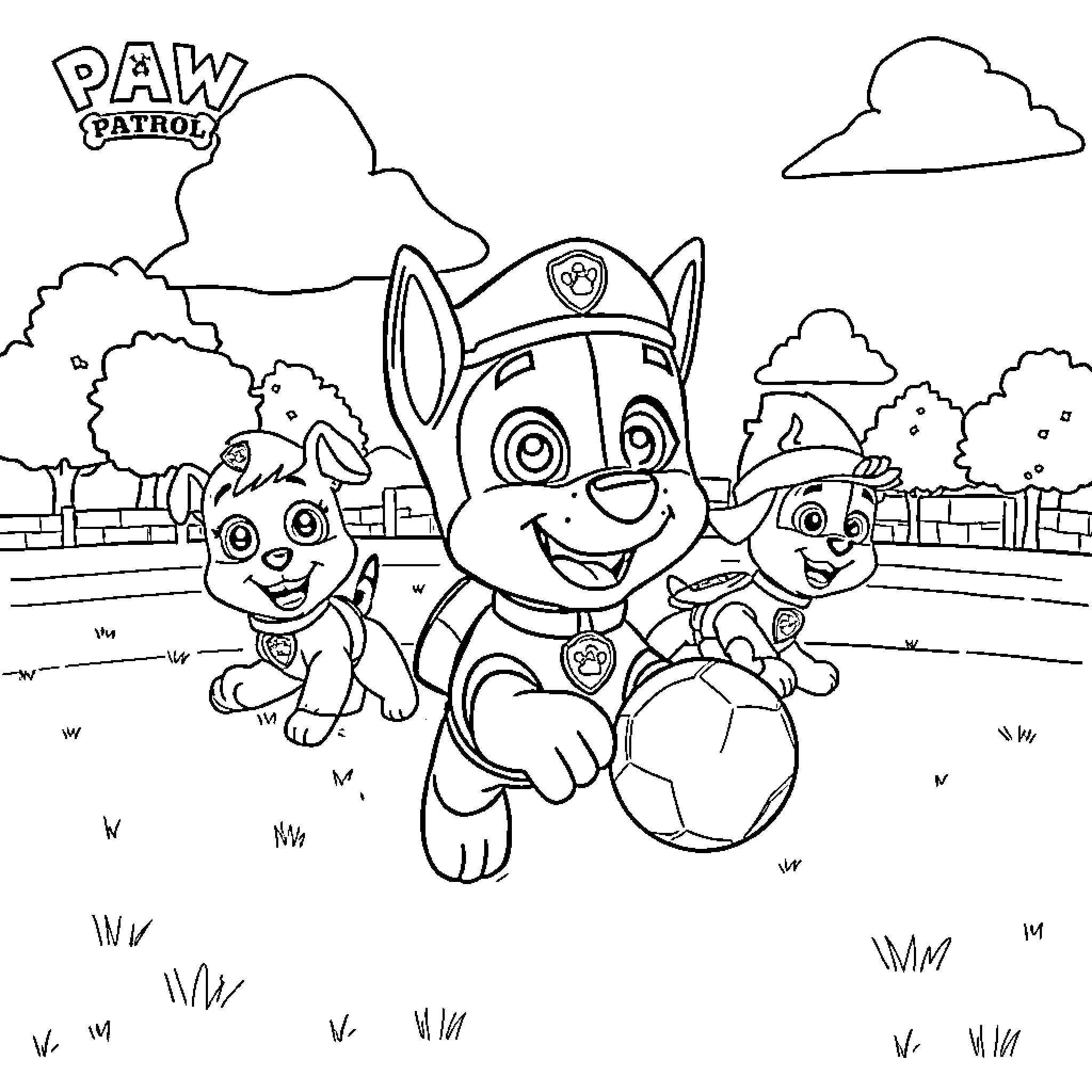 Chase through the Paw Patrol park Coloring Page (free black-and-white line drawing printable PDF for all, from beginners to advanced learners, including children, teens, adults, and seniors)