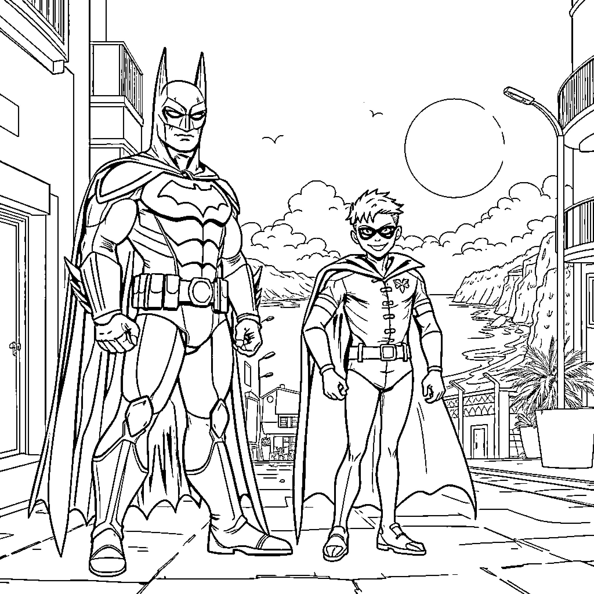 Batman and Robin standing heroically in the city Coloring Page (free black-and-white line drawing printable PDF for all, from beginners to advanced learners, including children, teens, adults, and seniors)