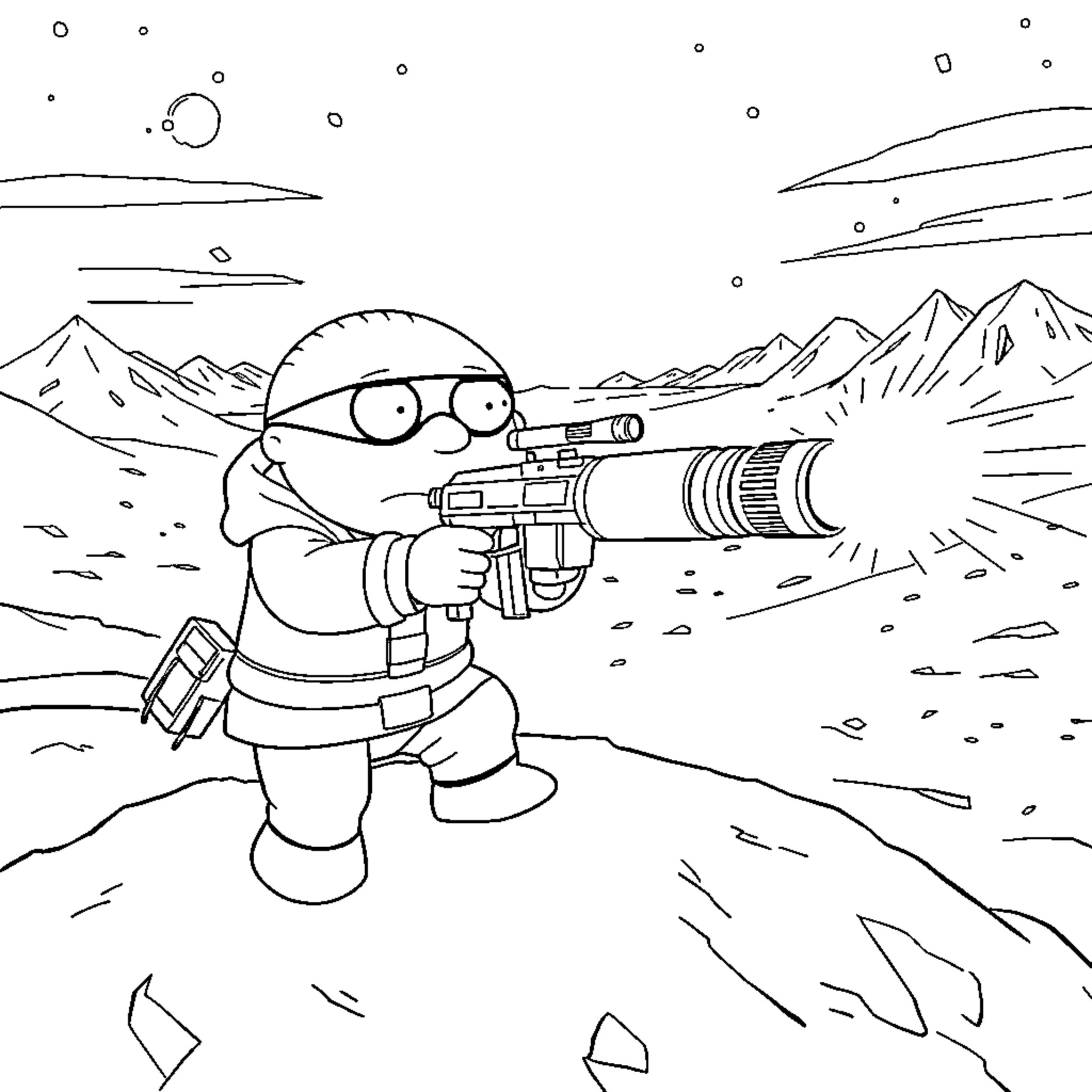 Stewie Griffin's Snowy Wilderness Adventure Coloring Page (free black-and-white line drawing printable PDF for all, from beginners to advanced learners, including children, teens, adults, and seniors)