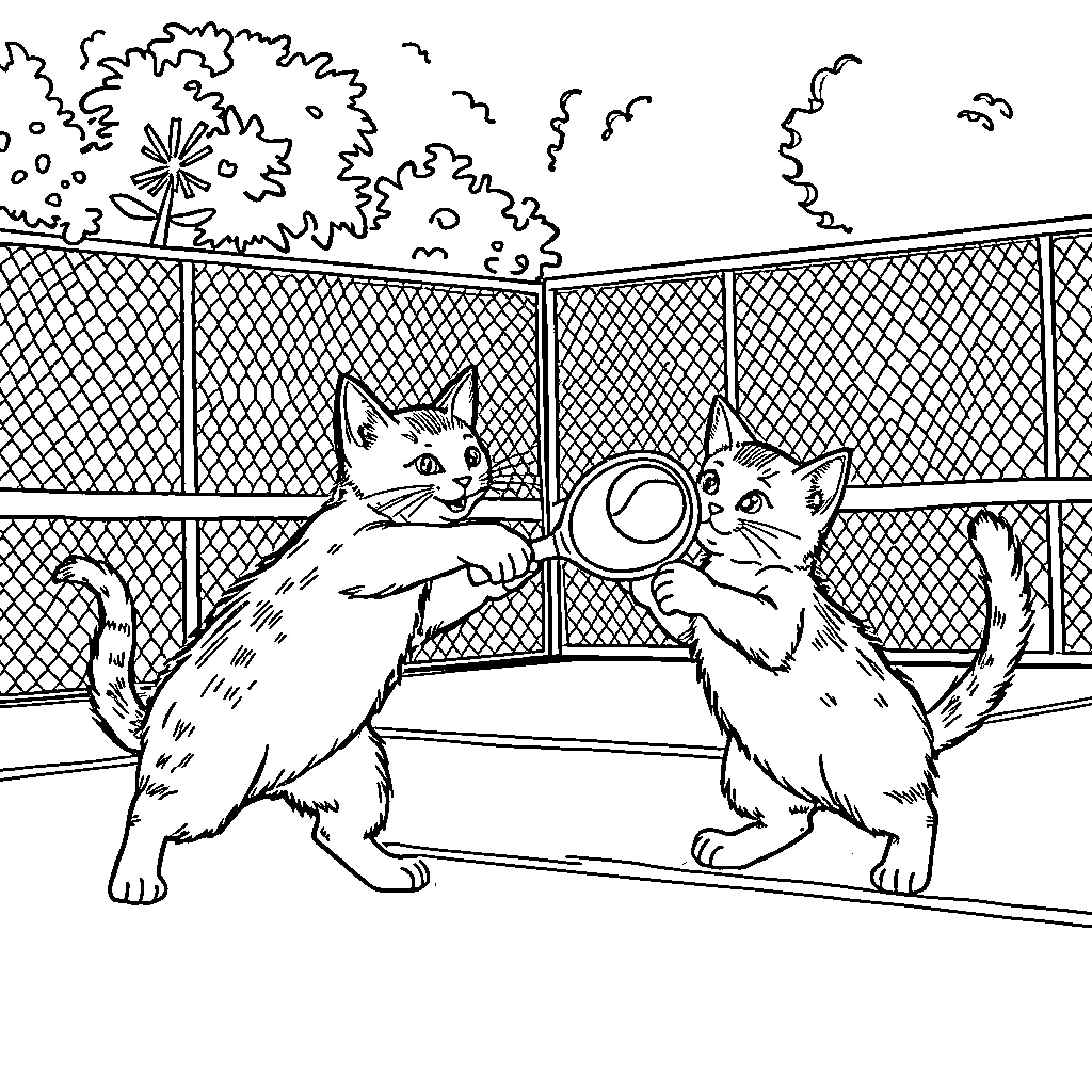 Cats Playing in Enclosure Coloring Page (free black-and-white line drawing printable PDF for all, from beginners to advanced learners, including children, teens, adults, and seniors)