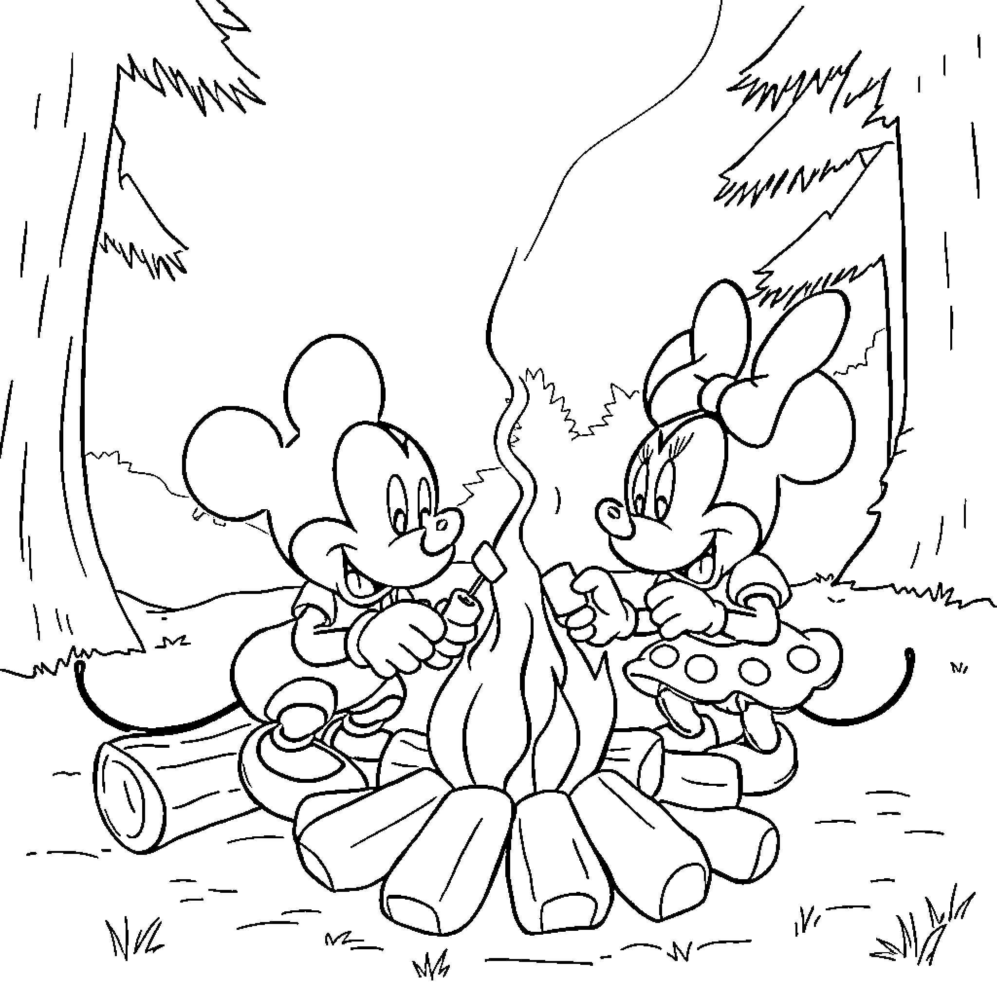 Mickey and Minnie Enjoying a Cozy Campfire Coloring Page (free black-and-white line drawing printable PDF for all, from beginners to advanced learners, including children, teens, adults, and seniors)