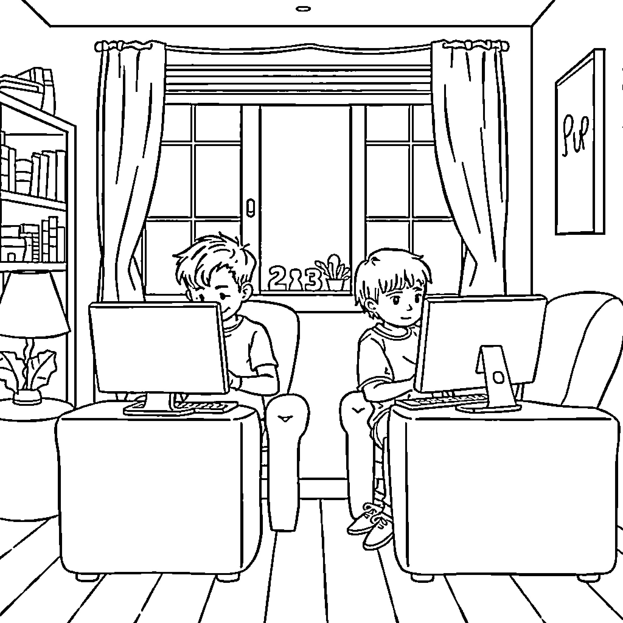 Kid playing video games at home Coloring Page (free black-and-white line drawing printable PDF for all, from beginners to advanced learners, including children, teens, adults, and seniors)
