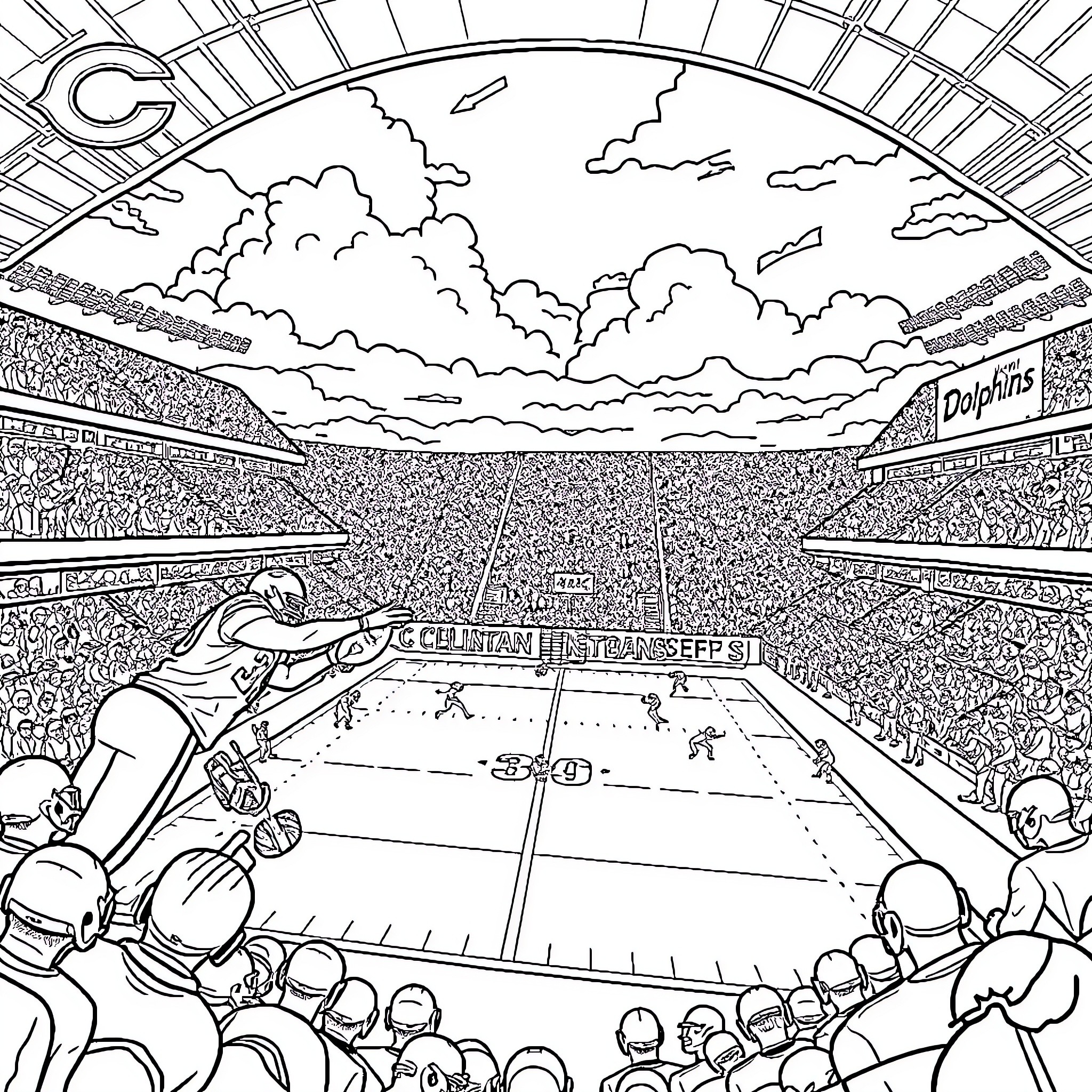 Football players on the field in a stadium Coloring Page (free black-and-white line drawing printable PDF for all, from beginners to advanced learners, including children, teens, adults, and seniors)