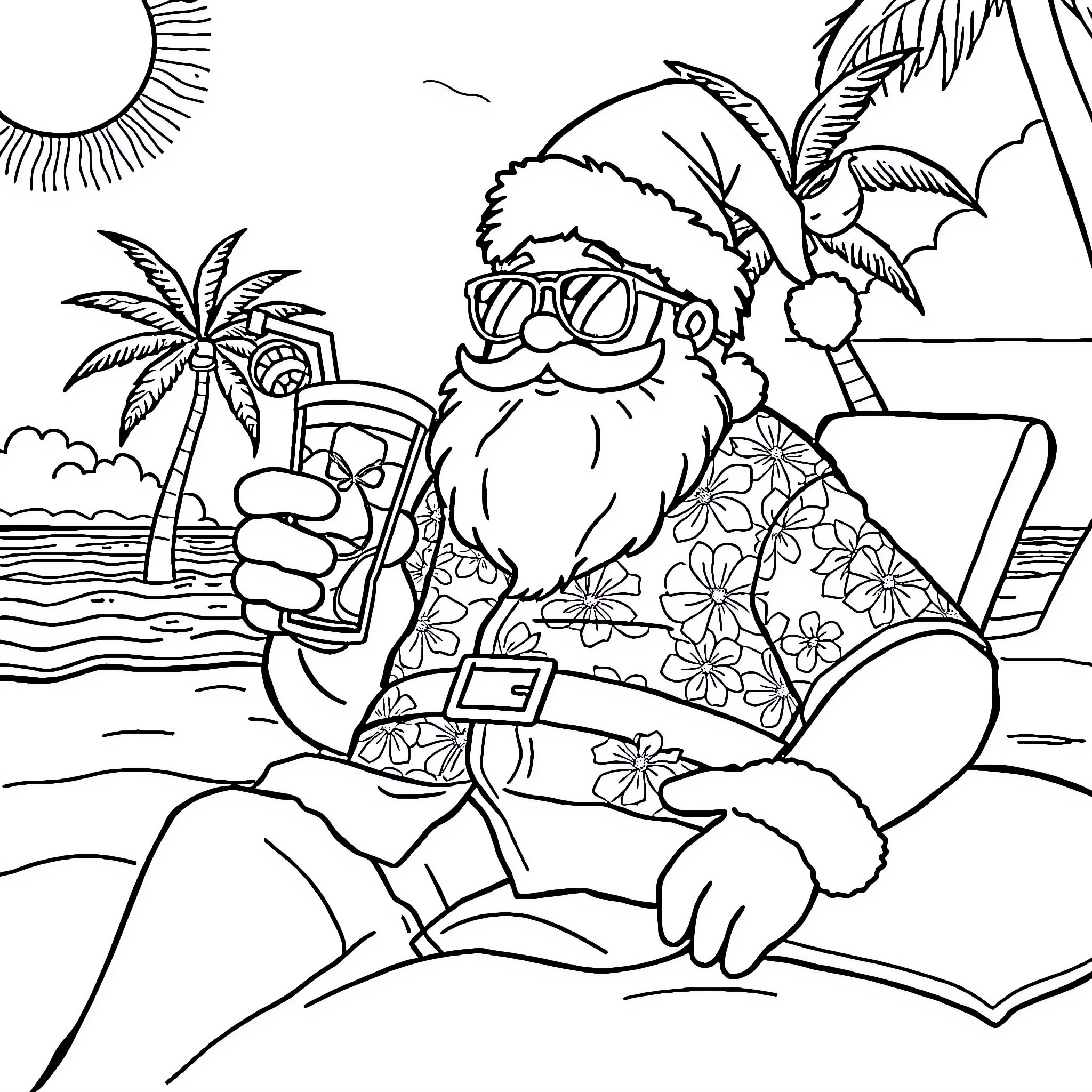 Santa enjoying a tropical vacation on the beach Coloring Page (free black-and-white line drawing printable PDF for all, from beginners to advanced learners, including children, teens, adults, and seniors)