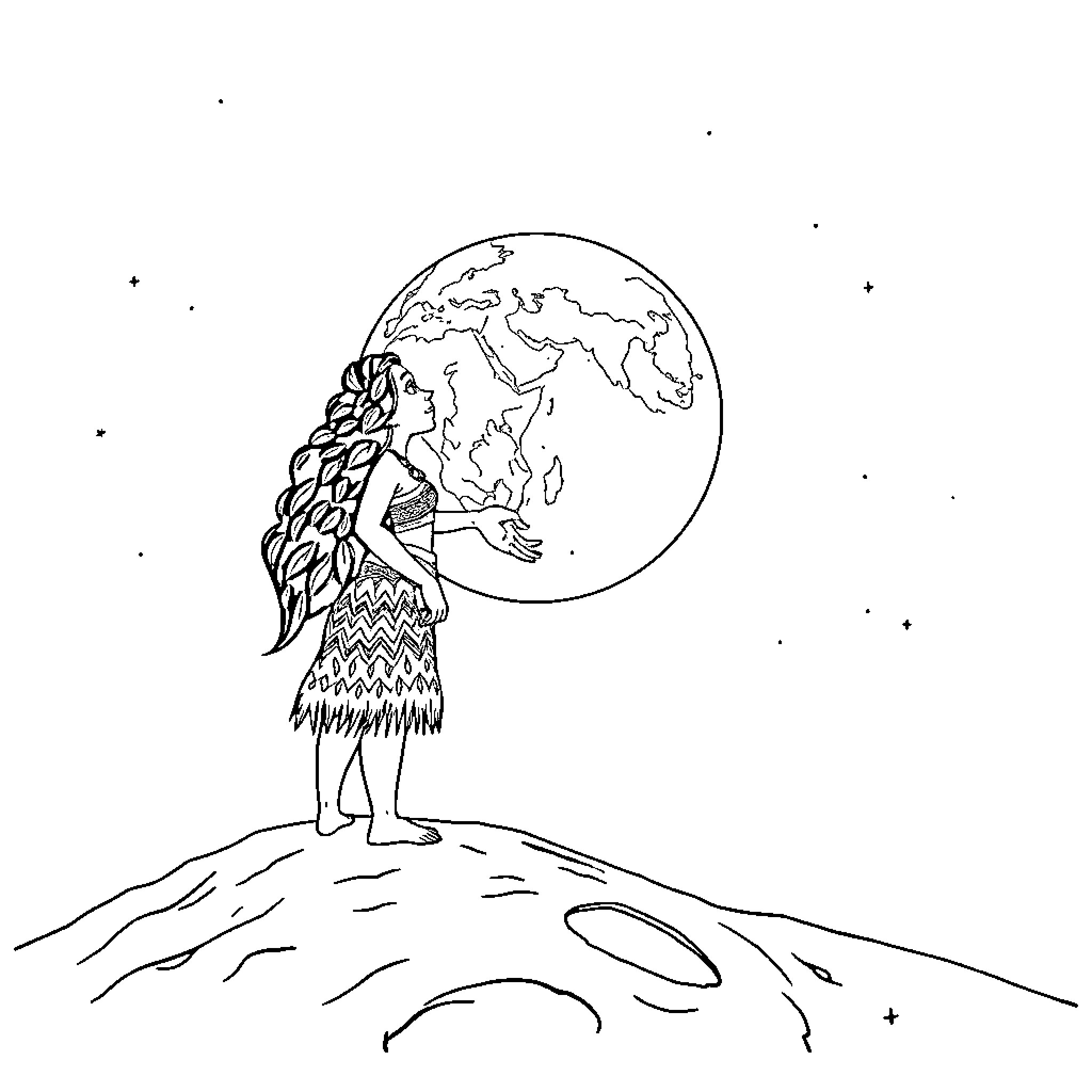 Moana looking at the earth from a high vantage point Coloring Page (free black-and-white line drawing printable PDF for all, from beginners to advanced learners, including children, teens, adults, and seniors)