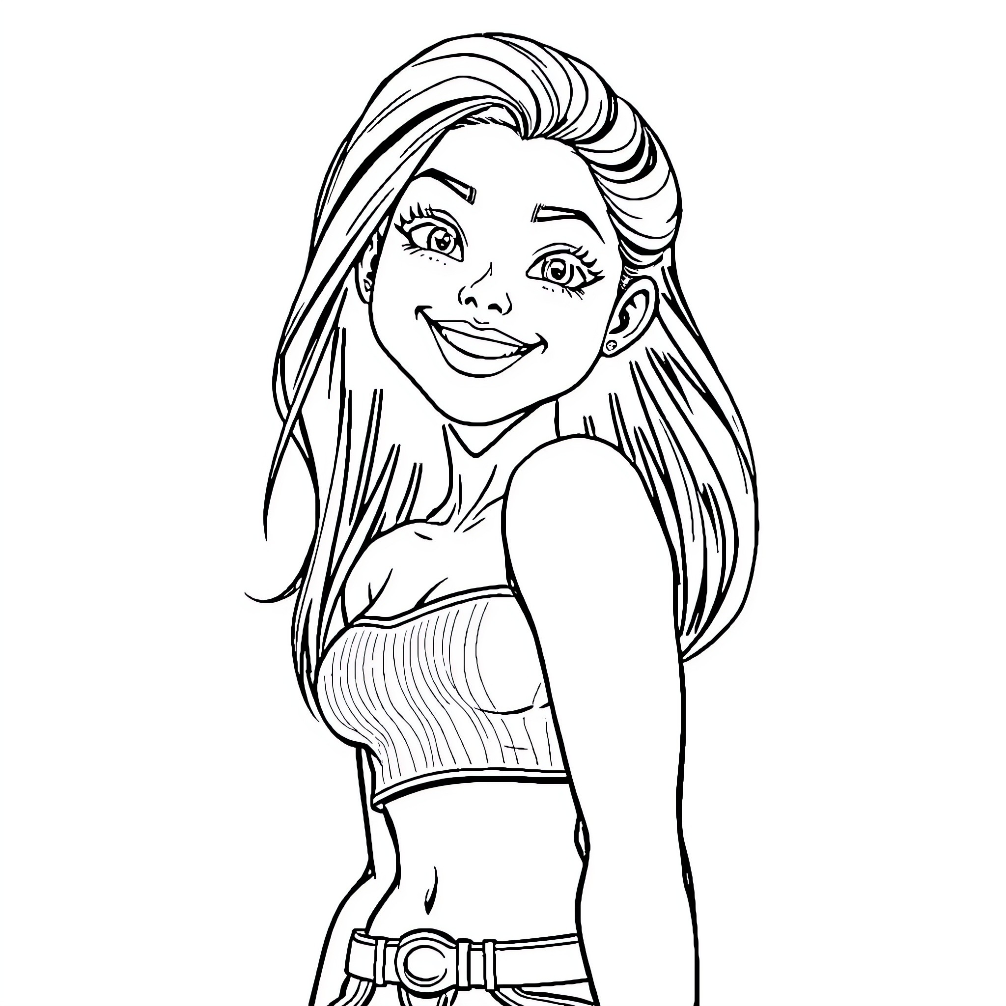Girl in casual outfit smiling happily Coloring Page (free black-and-white line drawing printable PDF for all, from beginners to advanced learners, including children, teens, adults, and seniors)