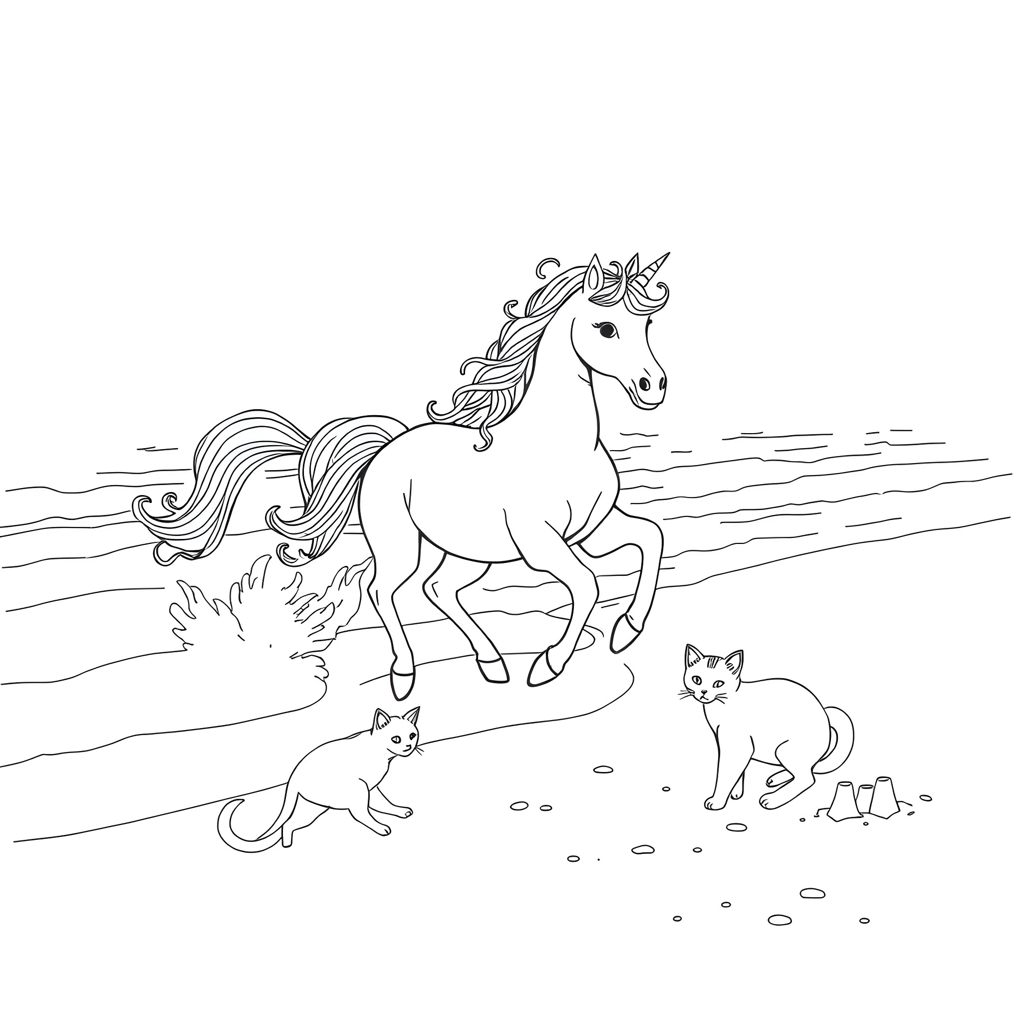 Unicorn running joyfully with playful kittens Coloring Page (free black-and-white line drawing printable PDF for all, from beginners to advanced learners, including children, teens, adults, and seniors)
