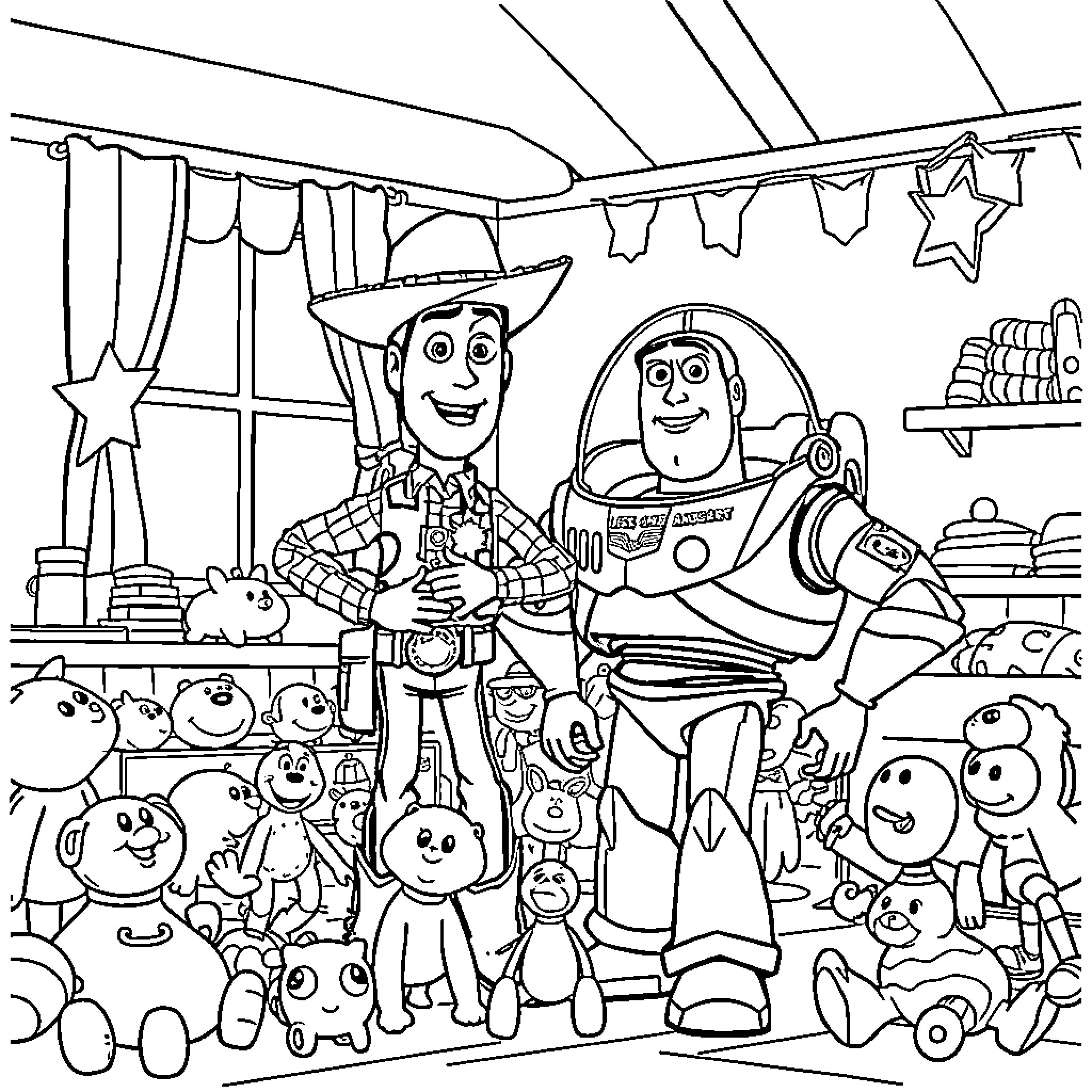 Toy Story Characters in Playful Adventure Coloring Page (free black-and-white line drawing printable PDF for all, from beginners to advanced learners, including children, teens, adults, and seniors)