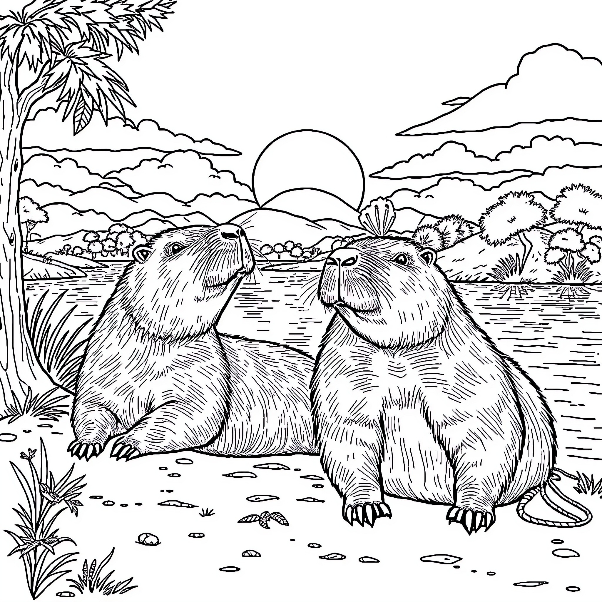 Capybara companions enjoying the tropical landscape Coloring Page (free black-and-white line drawing printable PDF for all, from beginners to advanced learners, including children, teens, adults, and seniors)