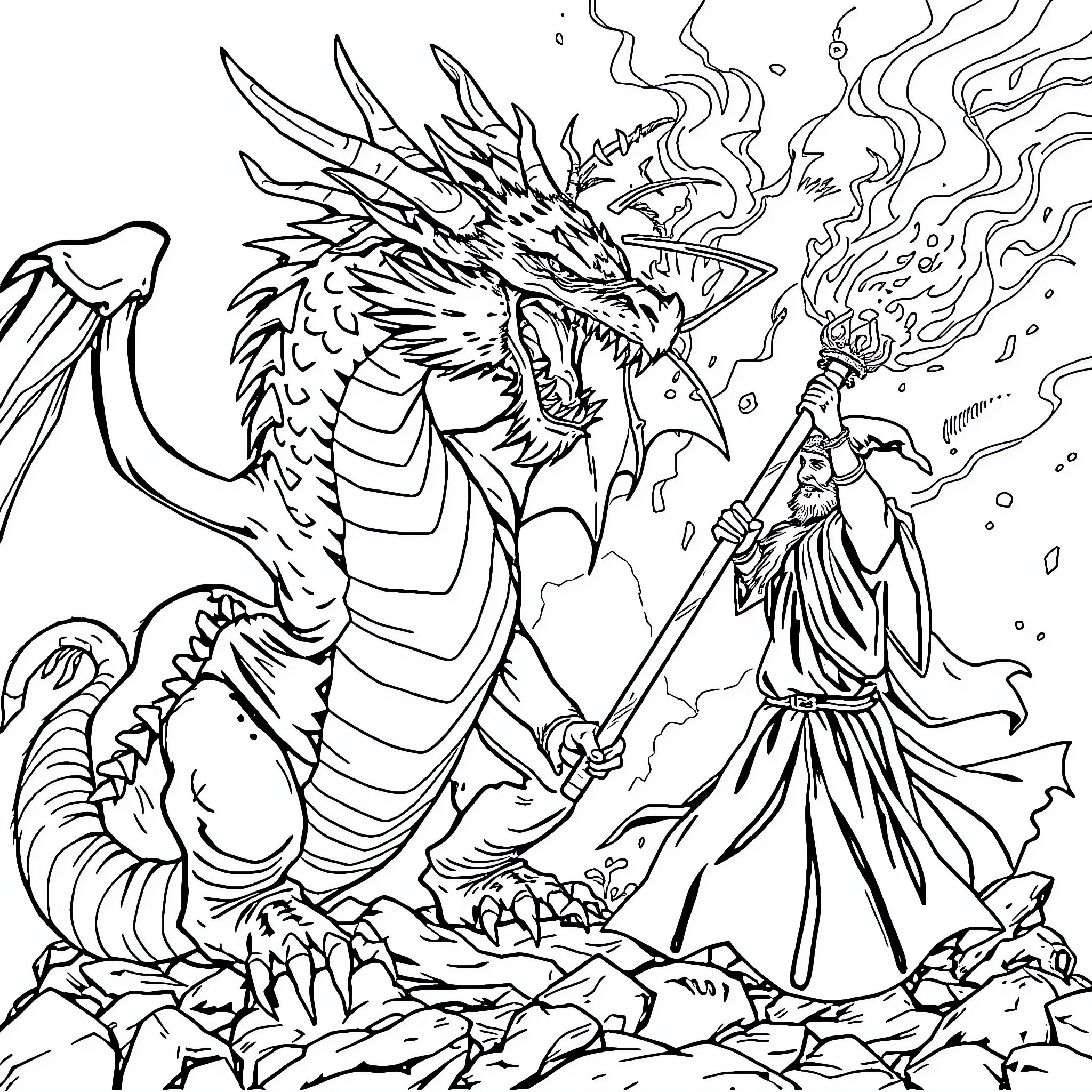 Dragon warrior battles fierce dragon in epic showdown Coloring Page (free black-and-white line drawing printable PDF for all, from beginners to advanced learners, including children, teens, adults, and seniors)