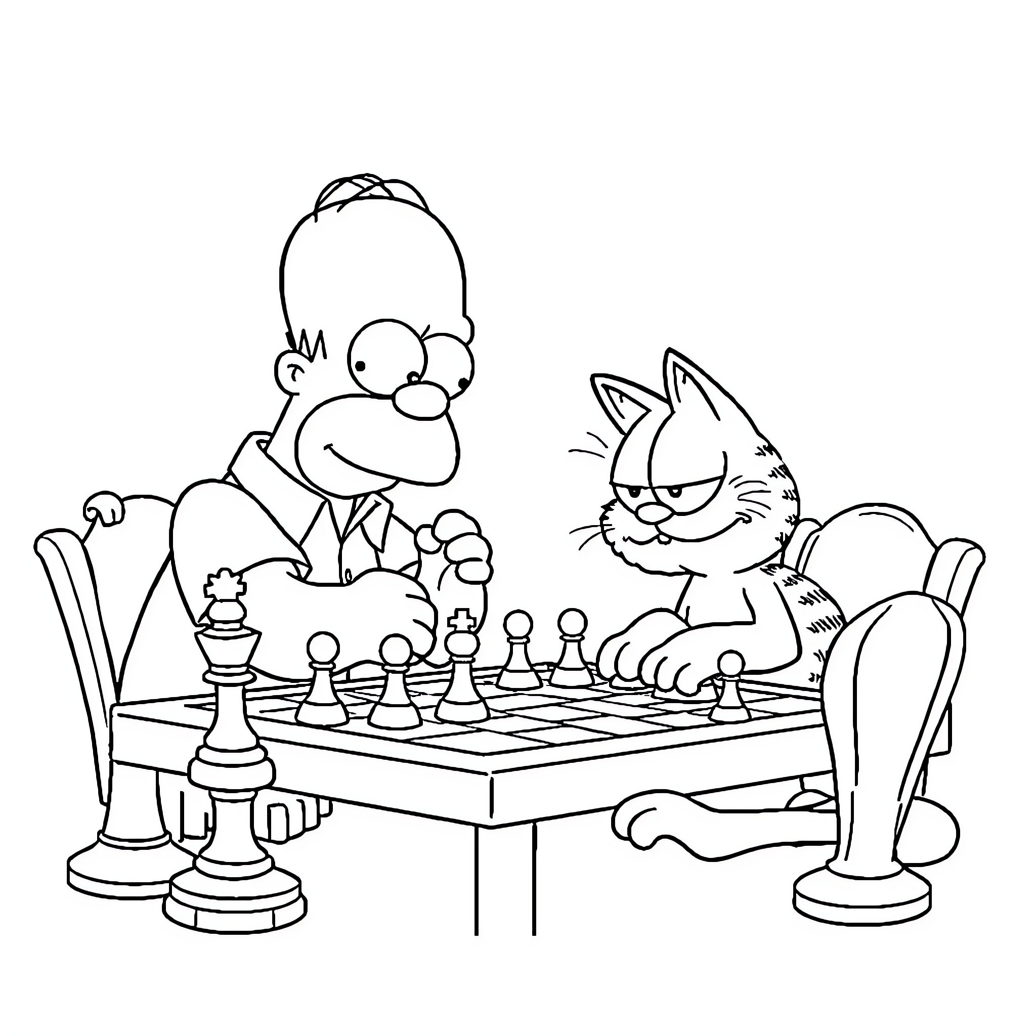 Garfield and friends playing chess Coloring Page (free black-and-white line drawing printable PDF for all, from beginners to advanced learners, including children, teens, adults, and seniors)