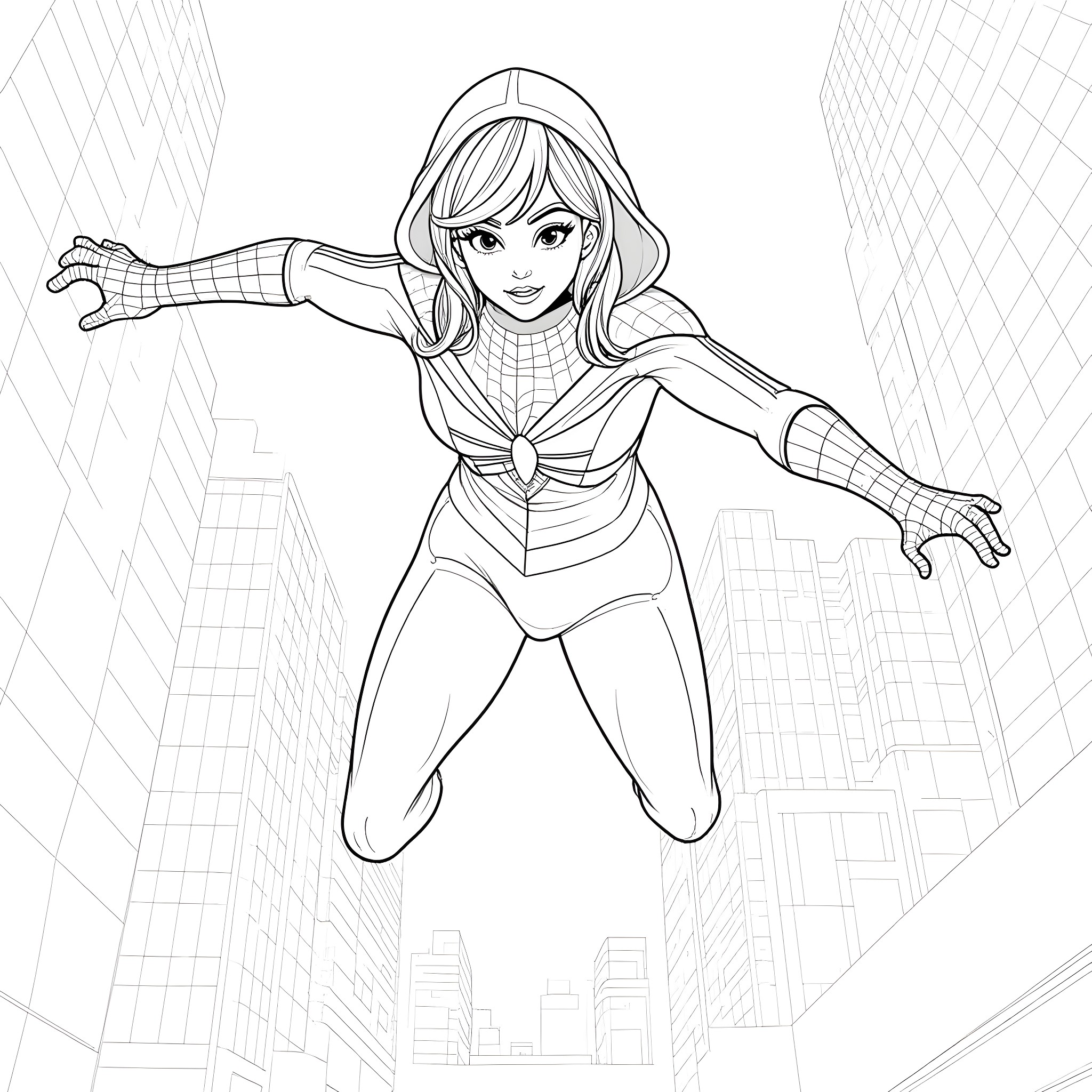 Spider Gwen swinging through the city Coloring Page (free black-and-white line drawing printable PDF for all, from beginners to advanced learners, including children, teens, adults, and seniors)