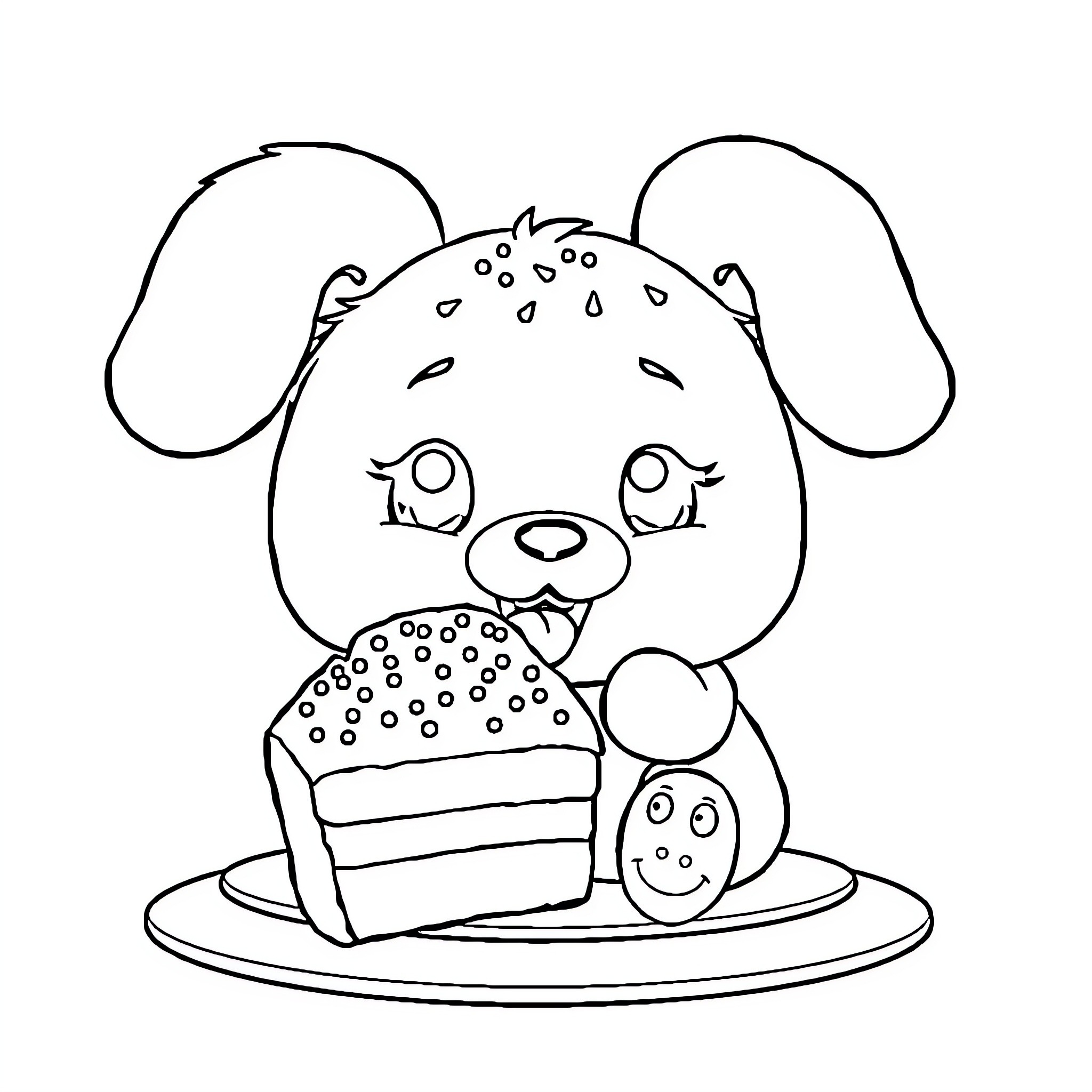 Cinnamoroll enjoying a sweet cake Coloring Page (free black-and-white line drawing printable PDF for all, from beginners to advanced learners, including children, teens, adults, and seniors)