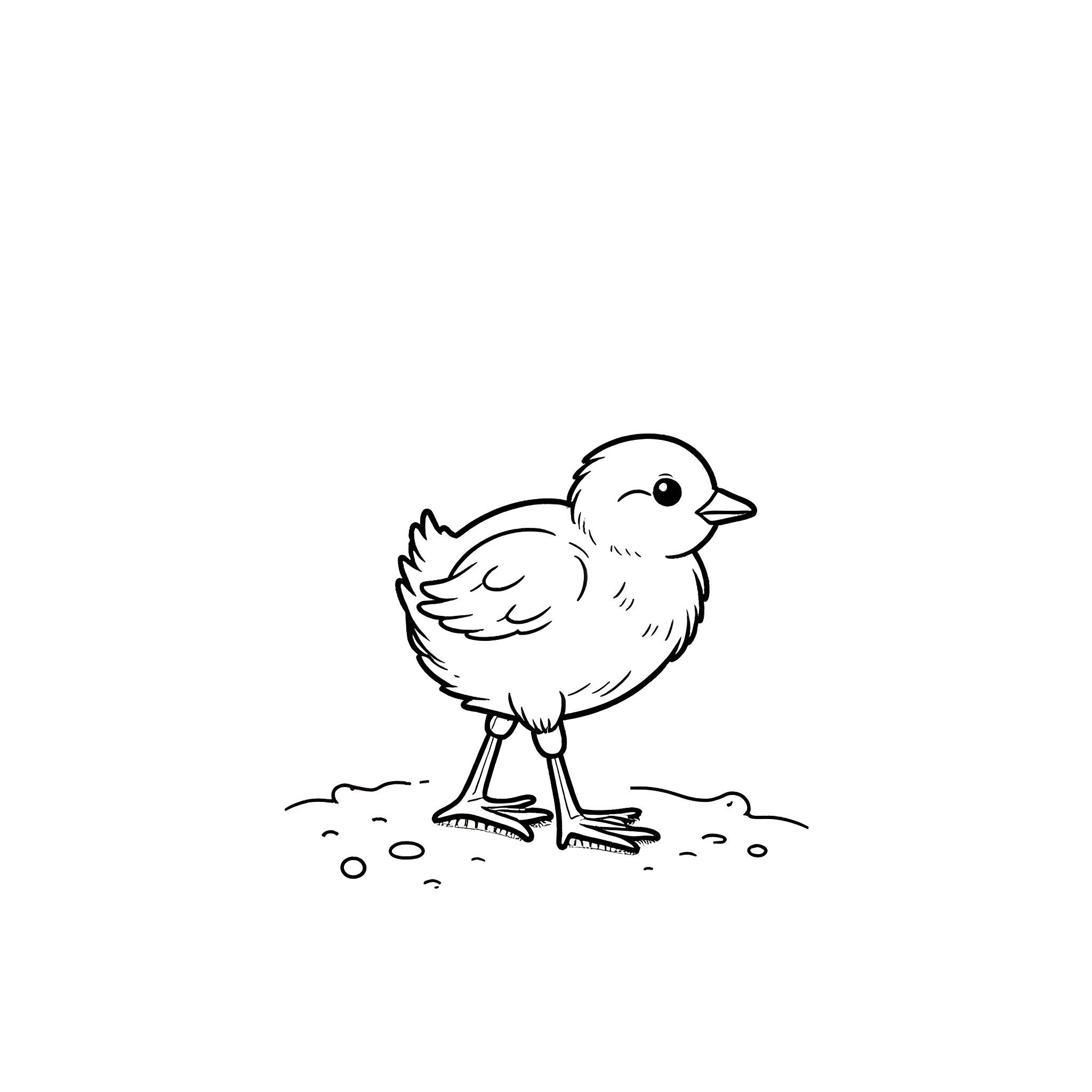 Chick standing on ground with curiosity Coloring Page (free black-and-white line drawing printable PDF for all, from beginners to advanced learners, including children, teens, adults, and seniors)