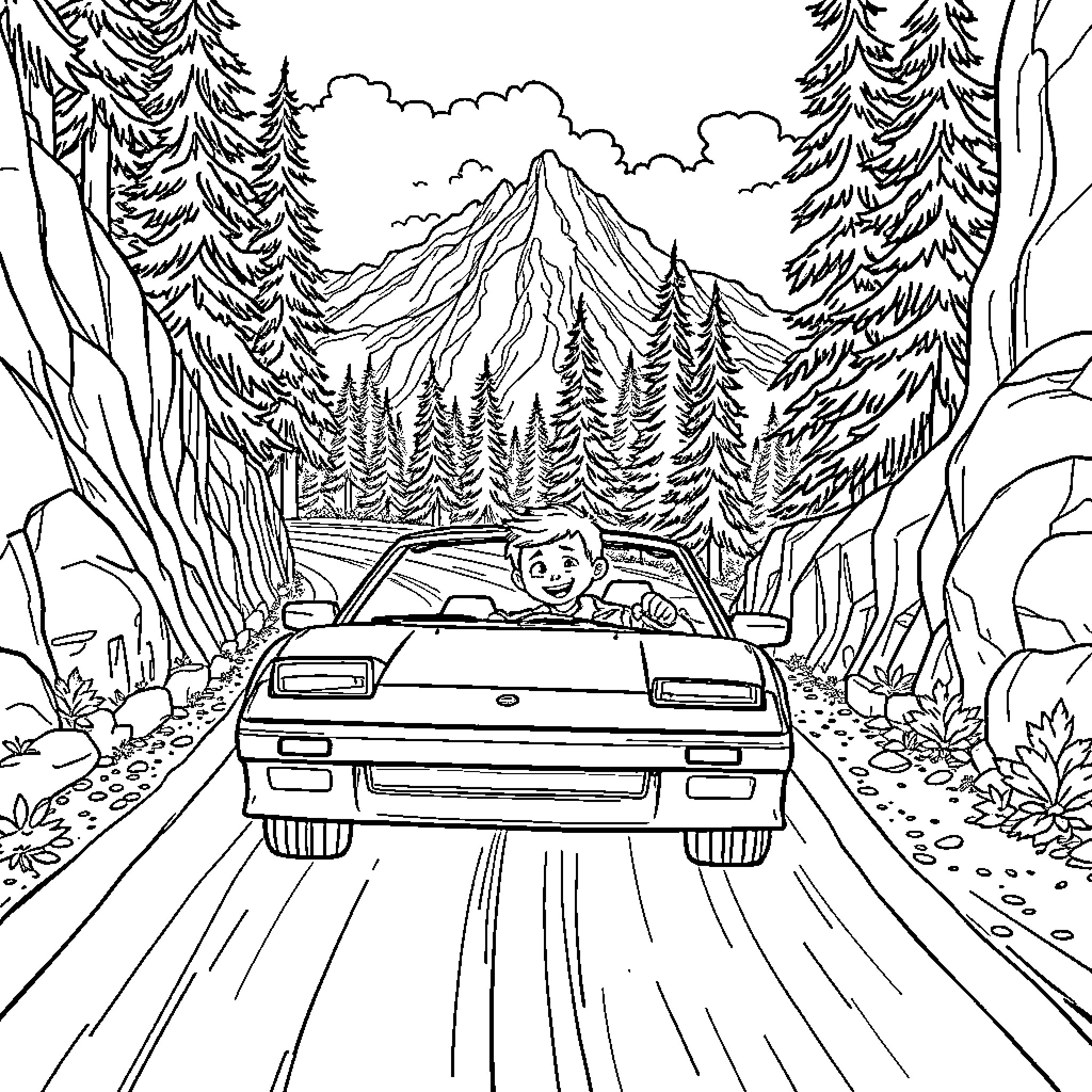 Kid driving car on mountain road surrounded by trees Coloring Page (free black-and-white line drawing printable PDF for all, from beginners to advanced learners, including children, teens, adults, and seniors)