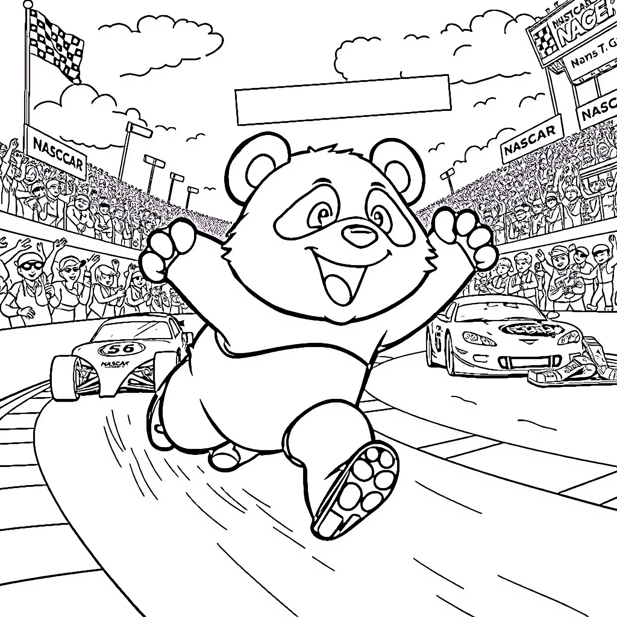 Panda cheering at a NASCAR race Coloring Page (free black-and-white line drawing printable PDF for all, from beginners to advanced learners, including children, teens, adults, and seniors)