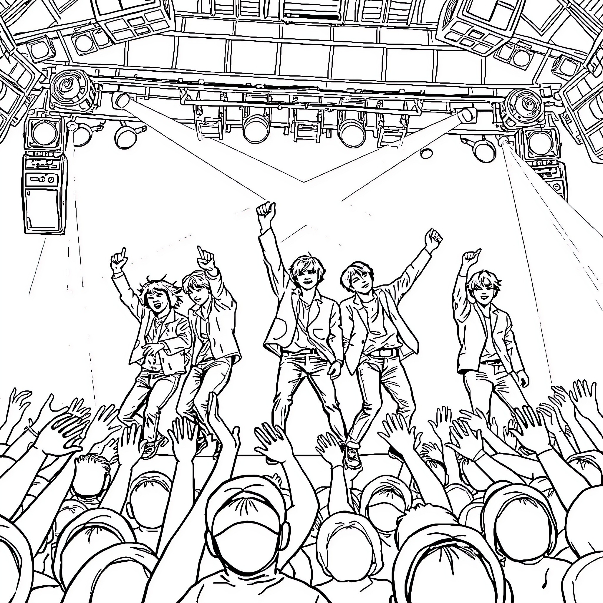 BTS Performing Energetically on Stage Coloring Page (free black-and-white line drawing printable PDF for all, from beginners to advanced learners, including children, teens, adults, and seniors)