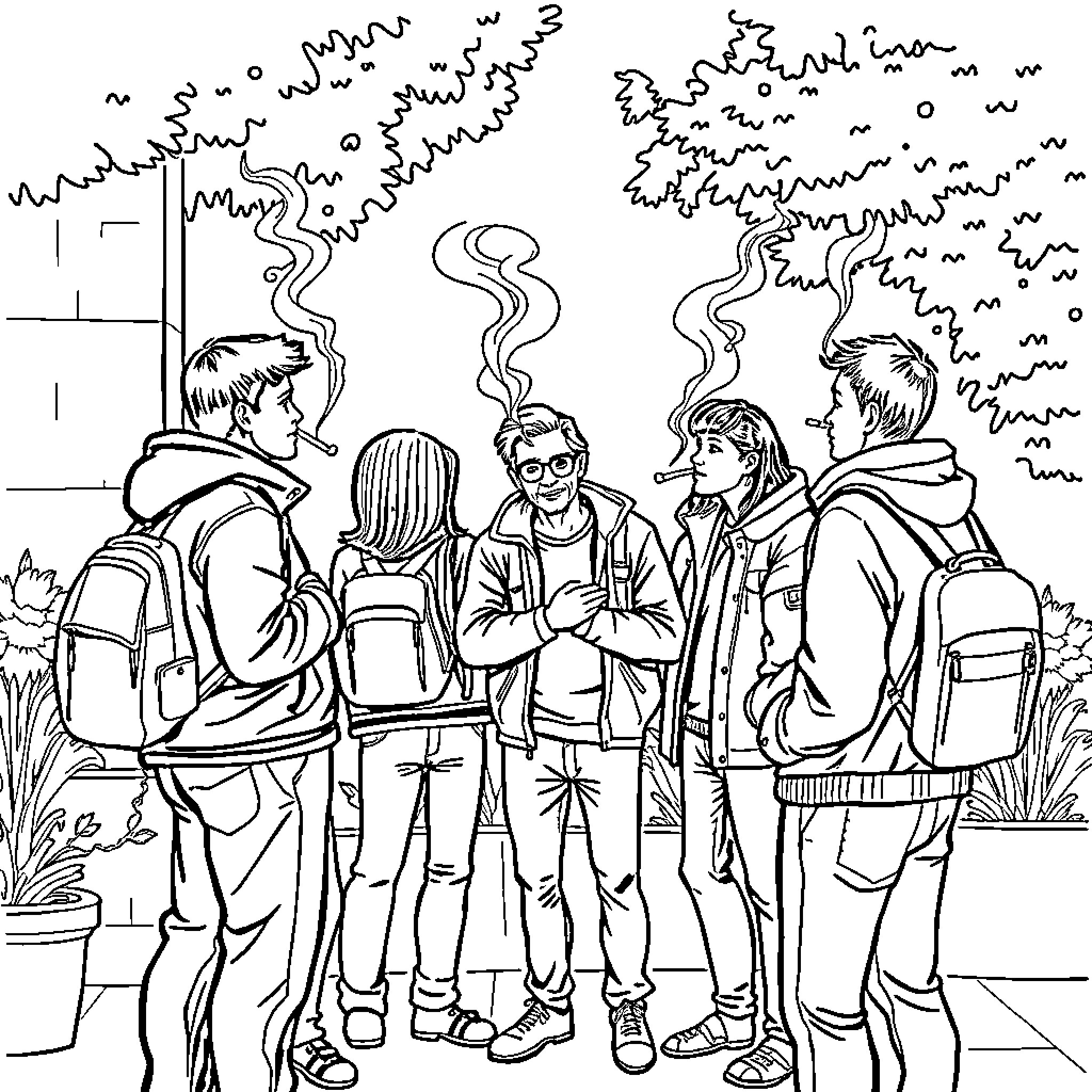 Person having conversation outdoors with friends Coloring Page (free black-and-white line drawing printable PDF for all, from beginners to advanced learners, including children, teens, adults, and seniors)