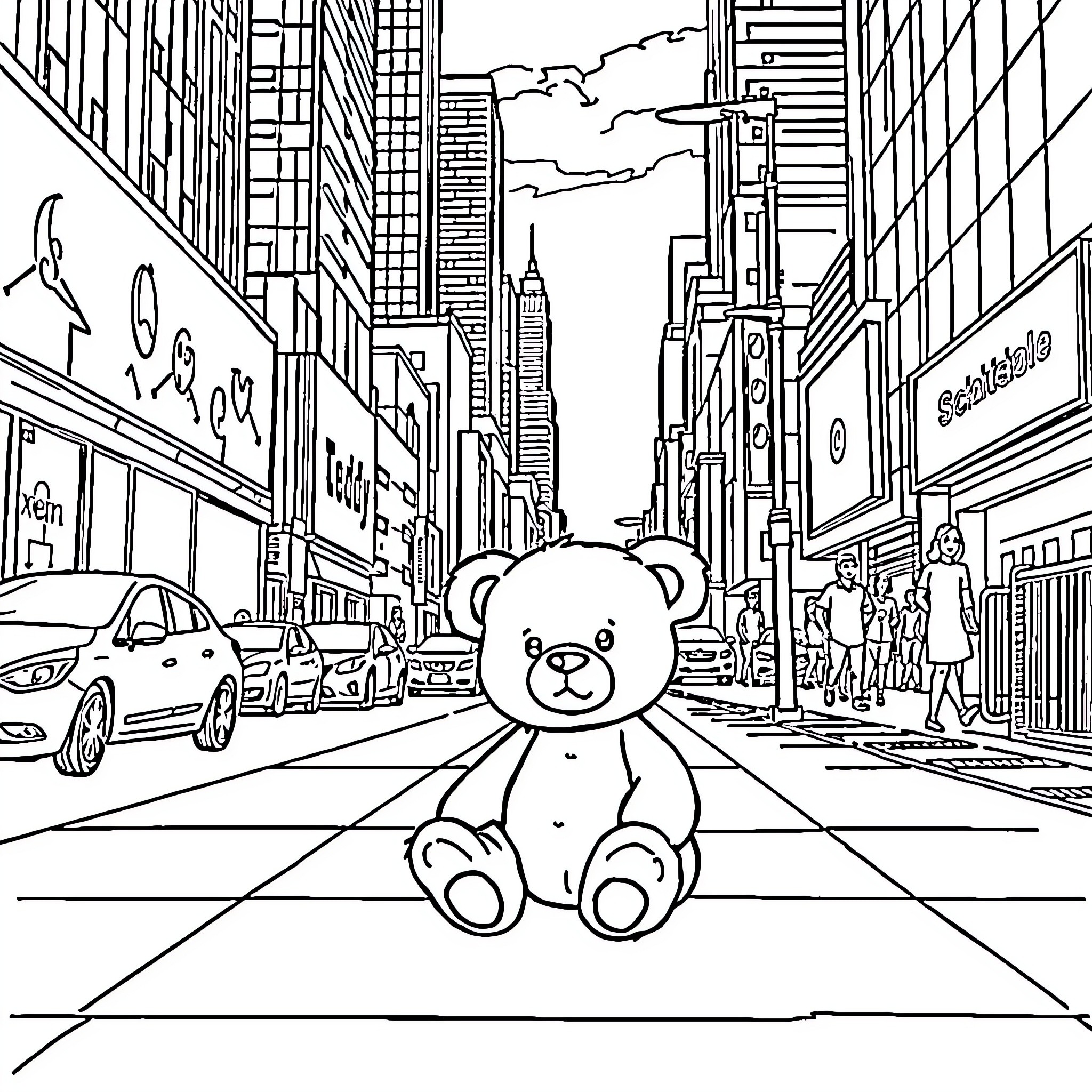 Teddy Bear Exploring the City Skyline Coloring Page (free black-and-white line drawing printable PDF for all, from beginners to advanced learners, including children, teens, adults, and seniors)