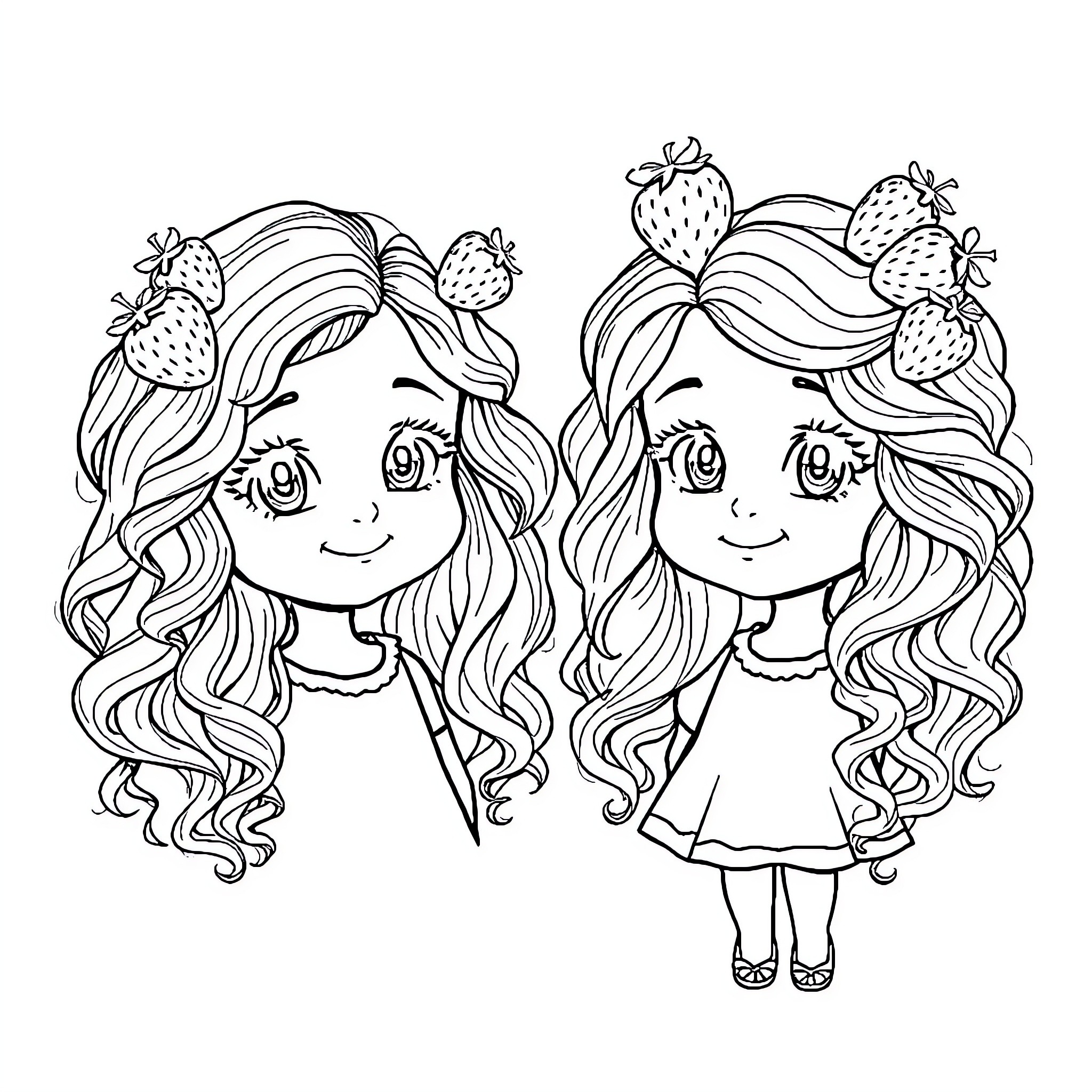 Girls with strawberry-decorated hairstyles Coloring Page (free black-and-white line drawing printable PDF for all, from beginners to advanced learners, including children, teens, adults, and seniors)