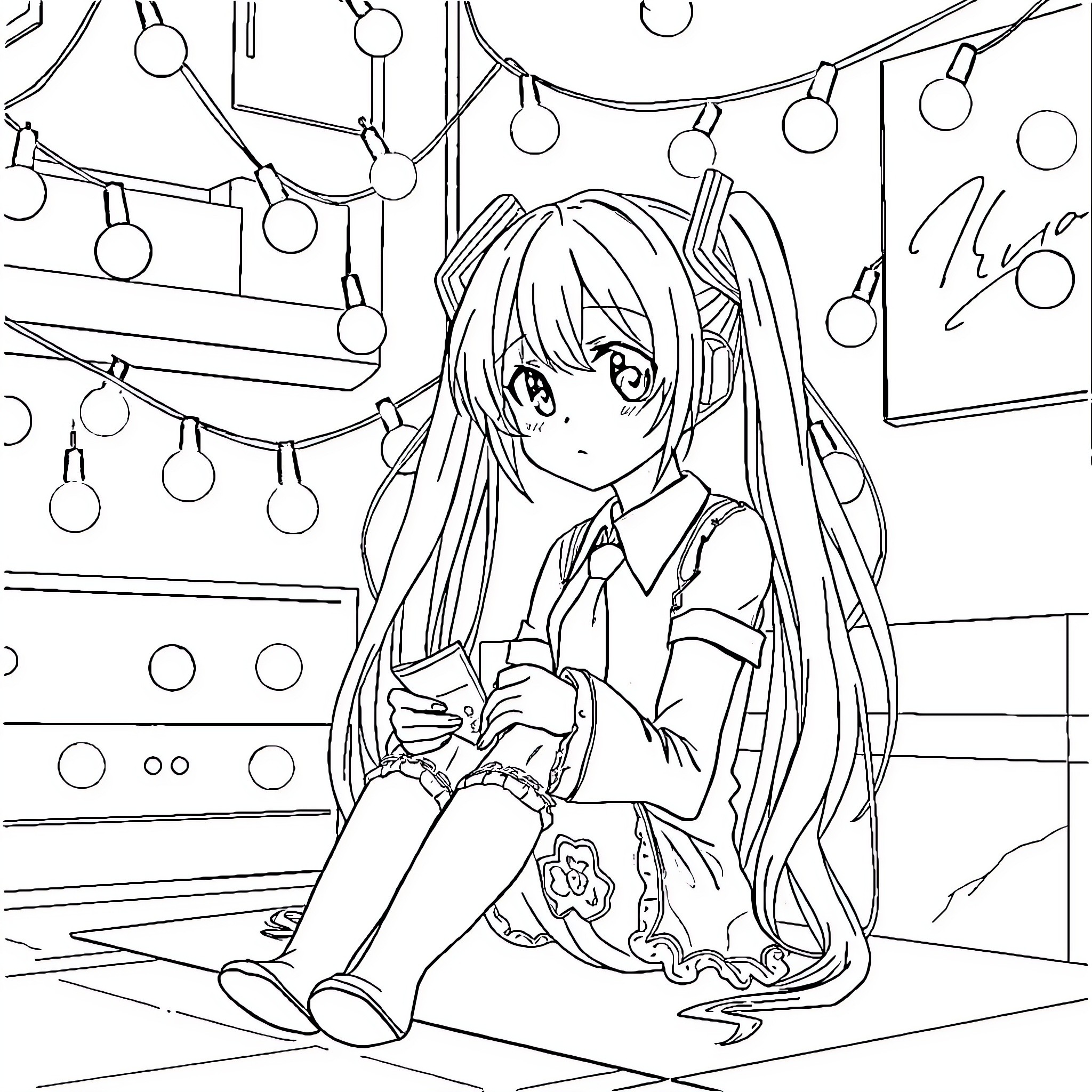 Hatsune Miku sitting among festive decorations Coloring Page (free black-and-white line drawing printable PDF for all, from beginners to advanced learners, including children, teens, adults, and seniors)