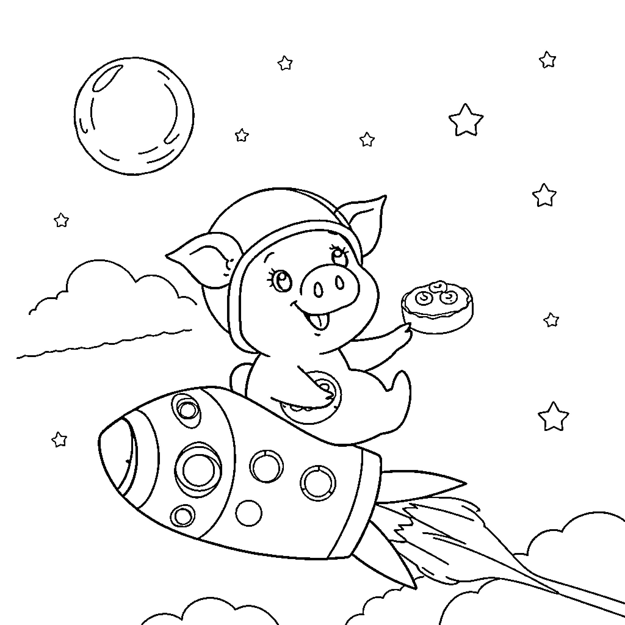 Flying Pig riding a rocket in a starry night sky Coloring Page (free black-and-white line drawing printable PDF for all, from beginners to advanced learners, including children, teens, adults, and seniors)