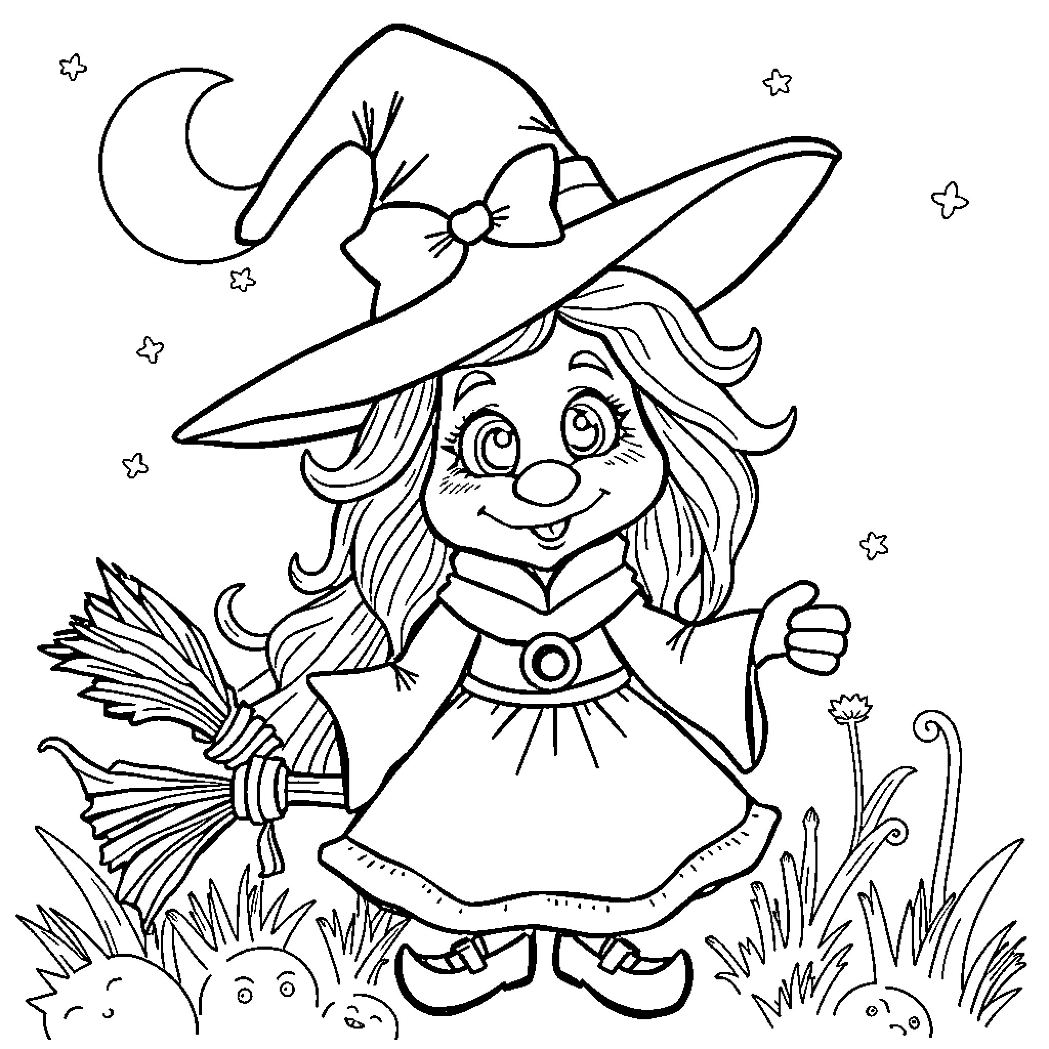 Witch with a broomstick in a starry night scene Coloring Page (free black-and-white line drawing printable PDF for all, from beginners to advanced learners, including children, teens, adults, and seniors)