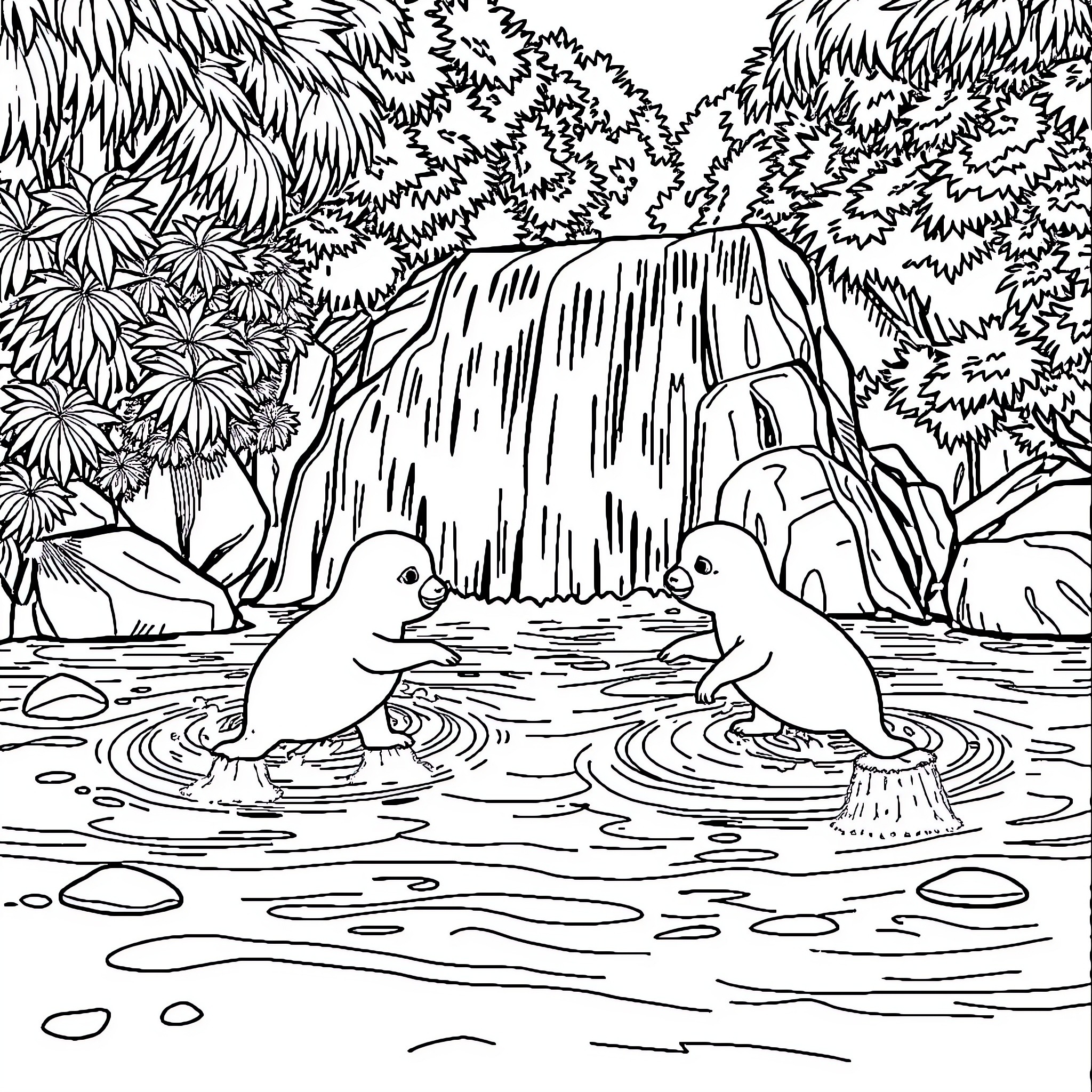 Ducks swimming in the waterfall pond Coloring Page (free black-and-white line drawing printable PDF for all, from beginners to advanced learners, including children, teens, adults, and seniors)