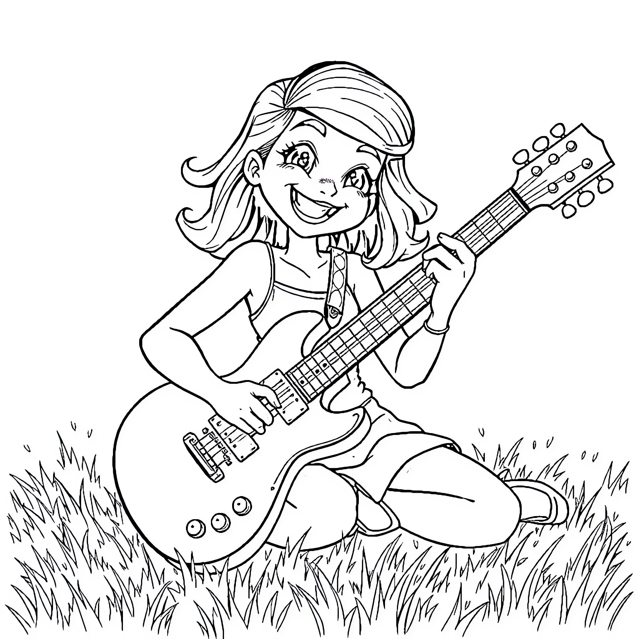 Bluey joyfully playing guitar in the grass Coloring Page (free black-and-white line drawing printable PDF for all, from beginners to advanced learners, including children, teens, adults, and seniors)