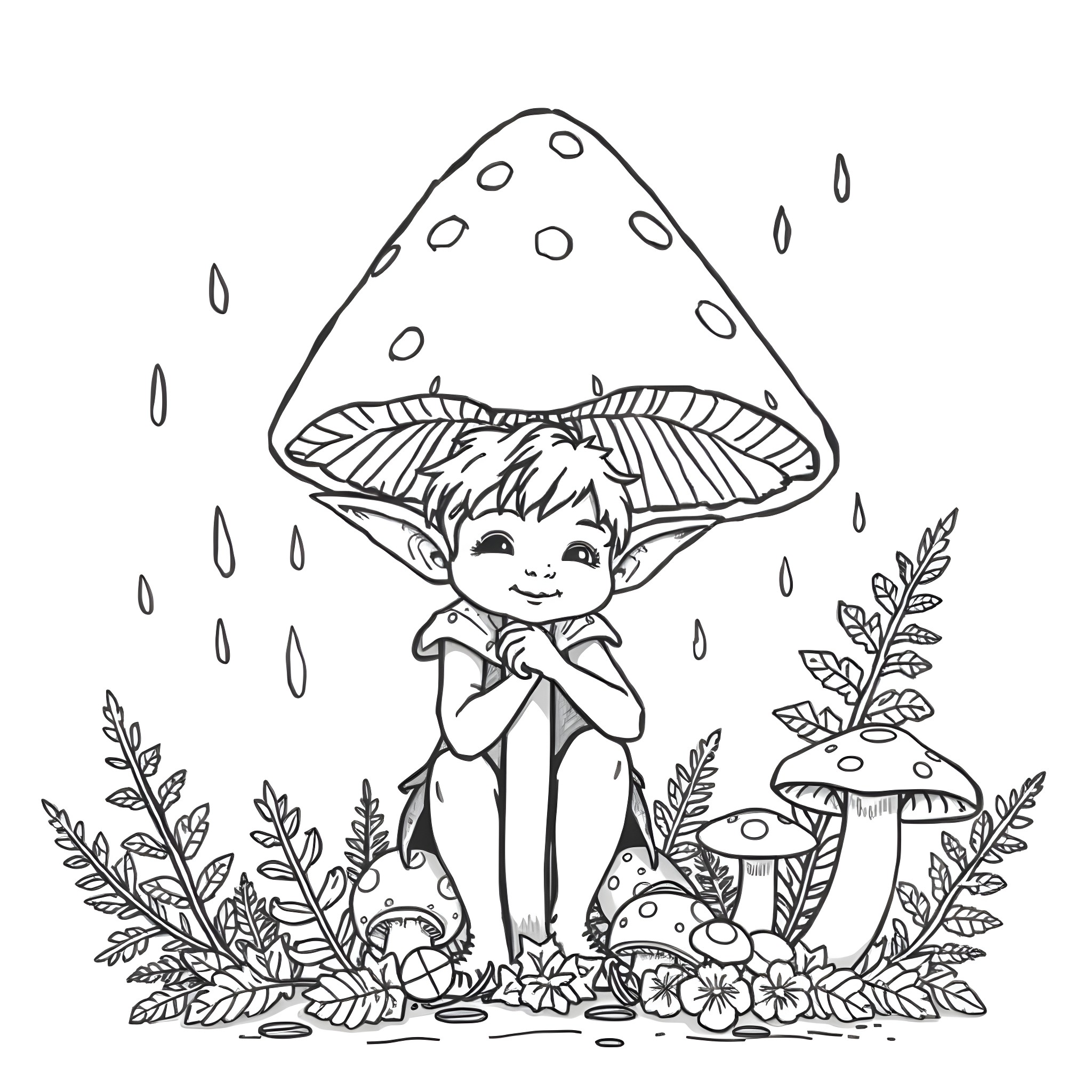 Elf resting under the mushroom canopy Coloring Page (free black-and-white line drawing printable PDF for all, from beginners to advanced learners, including children, teens, adults, and seniors)