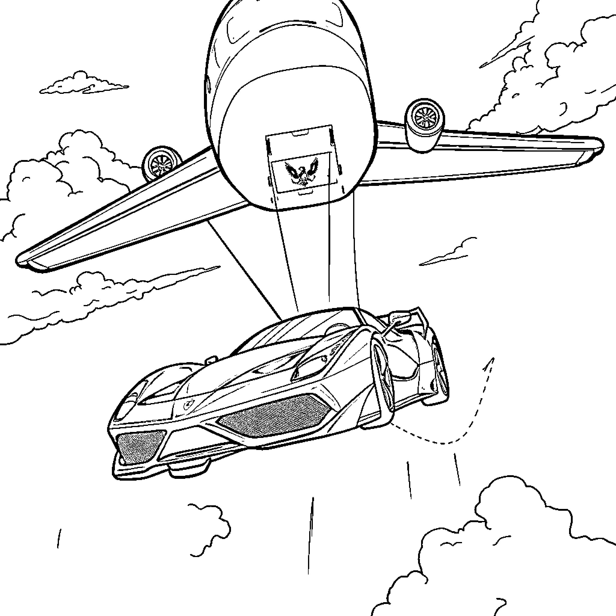 Ferrari supercar soaring high above the clouds Coloring Page (free black-and-white line drawing printable PDF for all, from beginners to advanced learners, including children, teens, adults, and seniors)