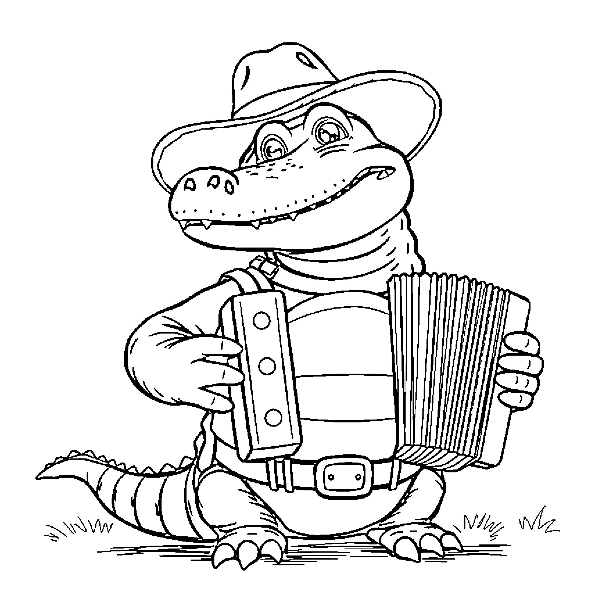 Alligator playing accordion in casual outfit Coloring Page (free black-and-white line drawing printable PDF for all, from beginners to advanced learners, including children, teens, adults, and seniors)