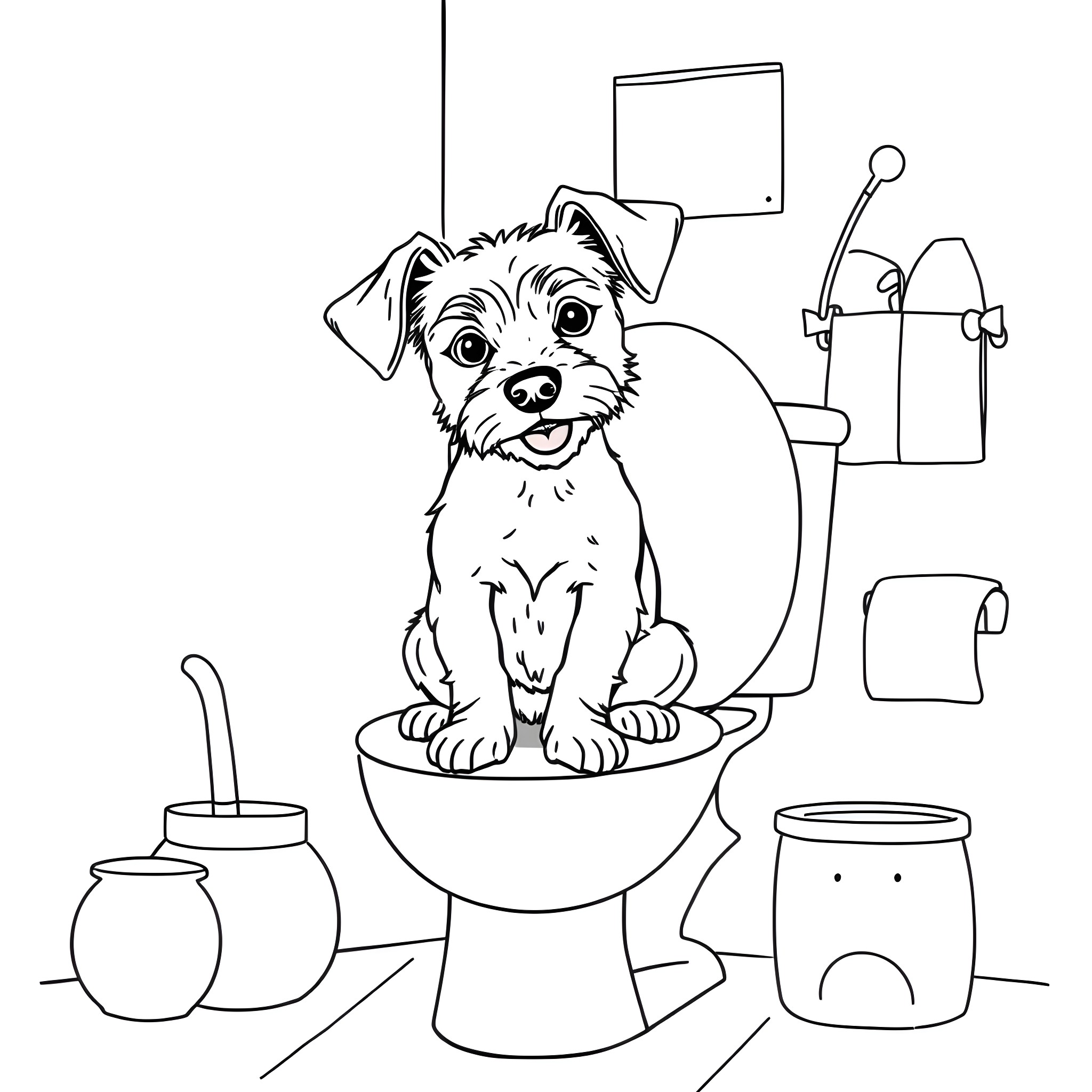 Terrier pup sitting on toilet in bathroom Coloring Page (free black-and-white line drawing printable PDF for all, from beginners to advanced learners, including children, teens, adults, and seniors)