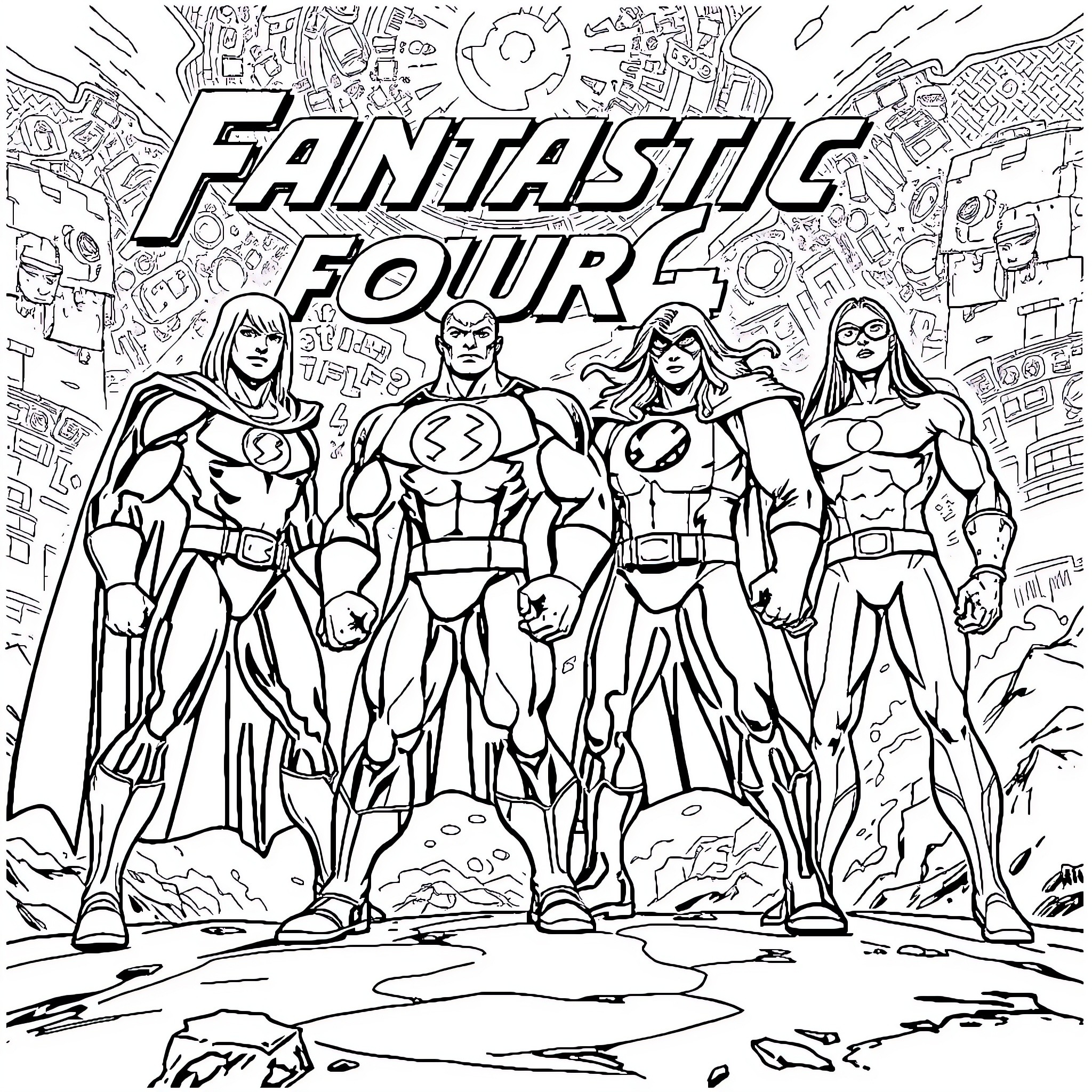 Fantastic Four superheroes in action Coloring Page (free black-and-white line drawing printable PDF for all, from beginners to advanced learners, including children, teens, adults, and seniors)