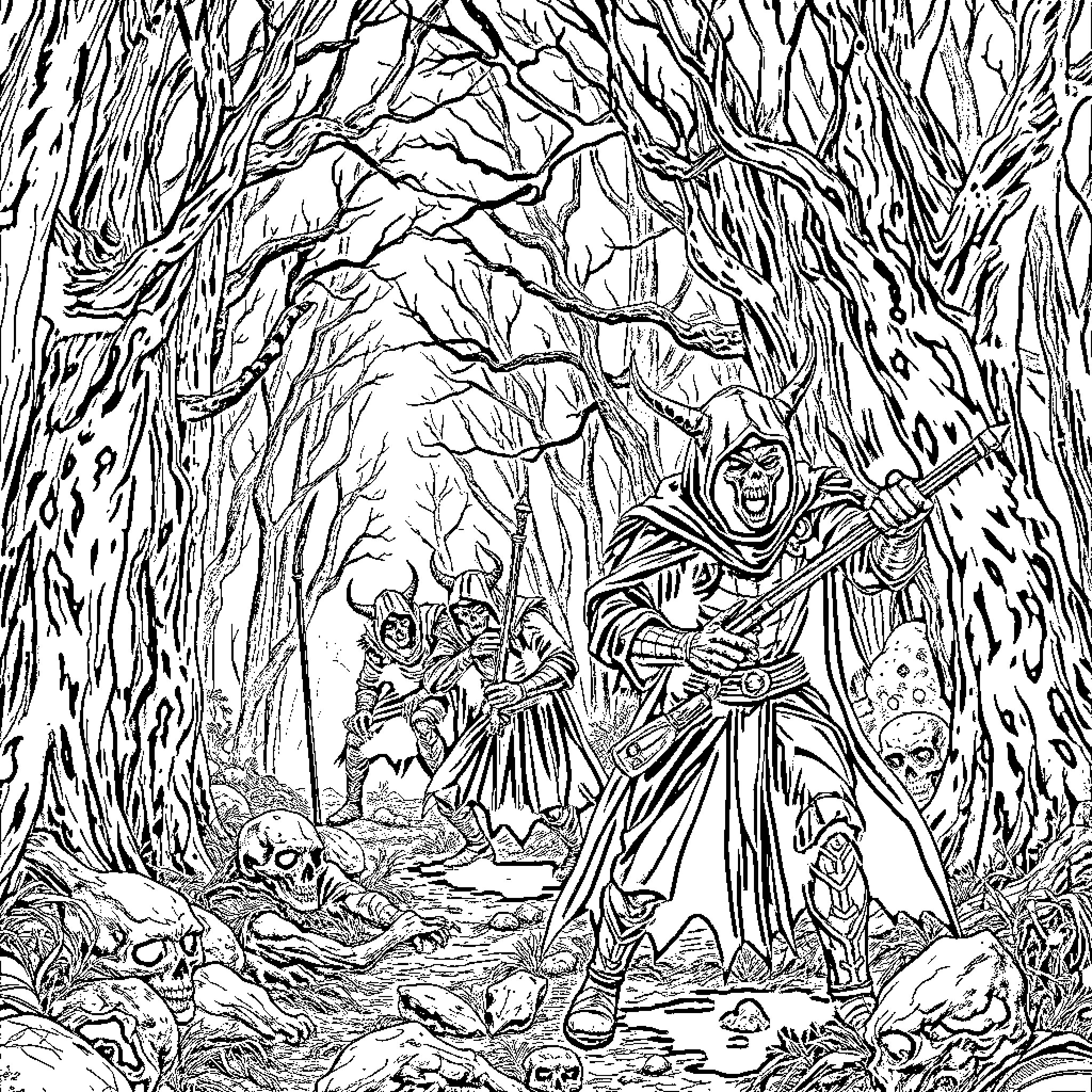 Demon Hunter Battles Monsters in Dark Forest Coloring Page (free black-and-white line drawing printable PDF for all, from beginners to advanced learners, including children, teens, adults, and seniors)